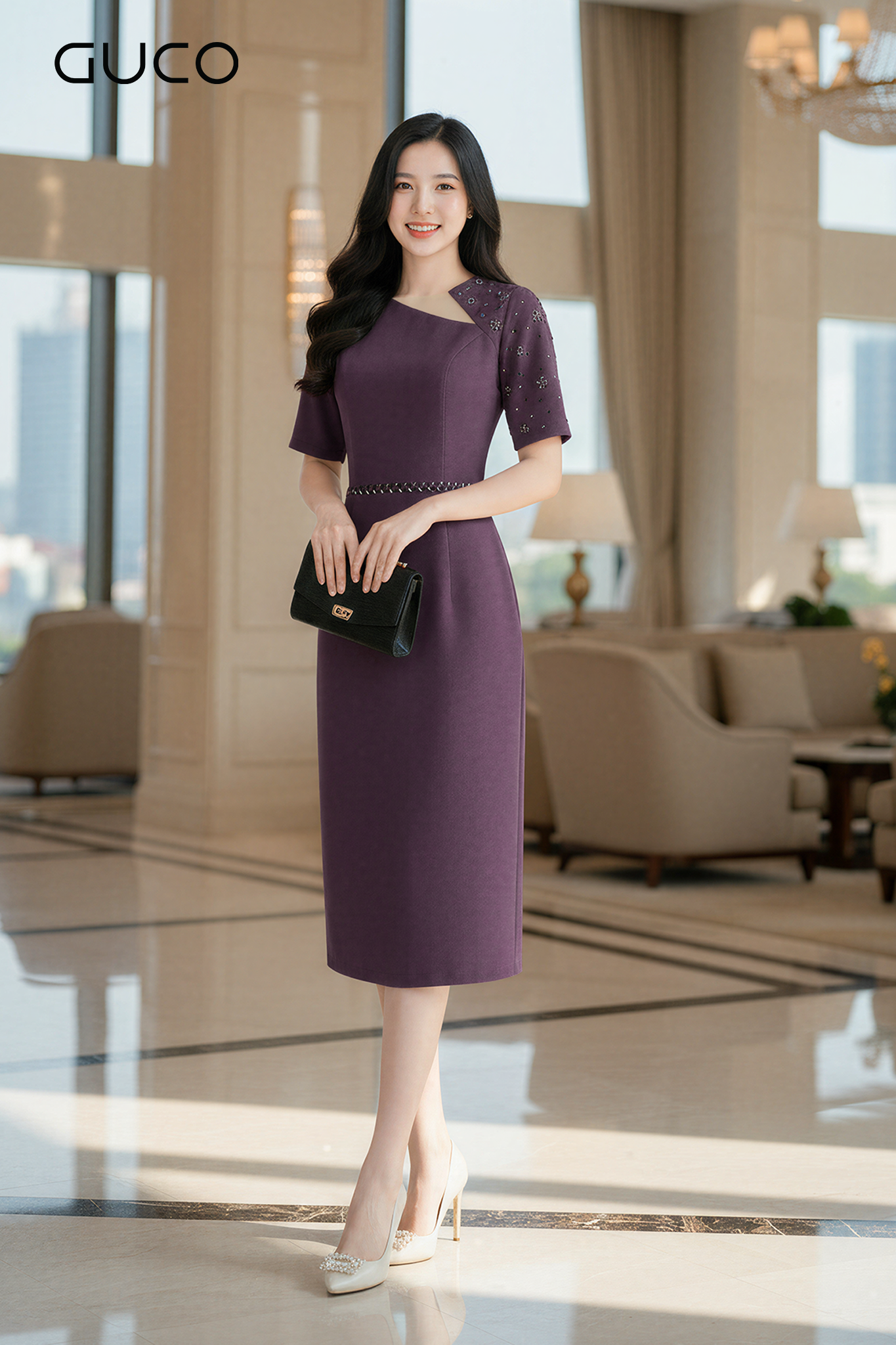 GUCO Đầm Body Tím Đính Đá