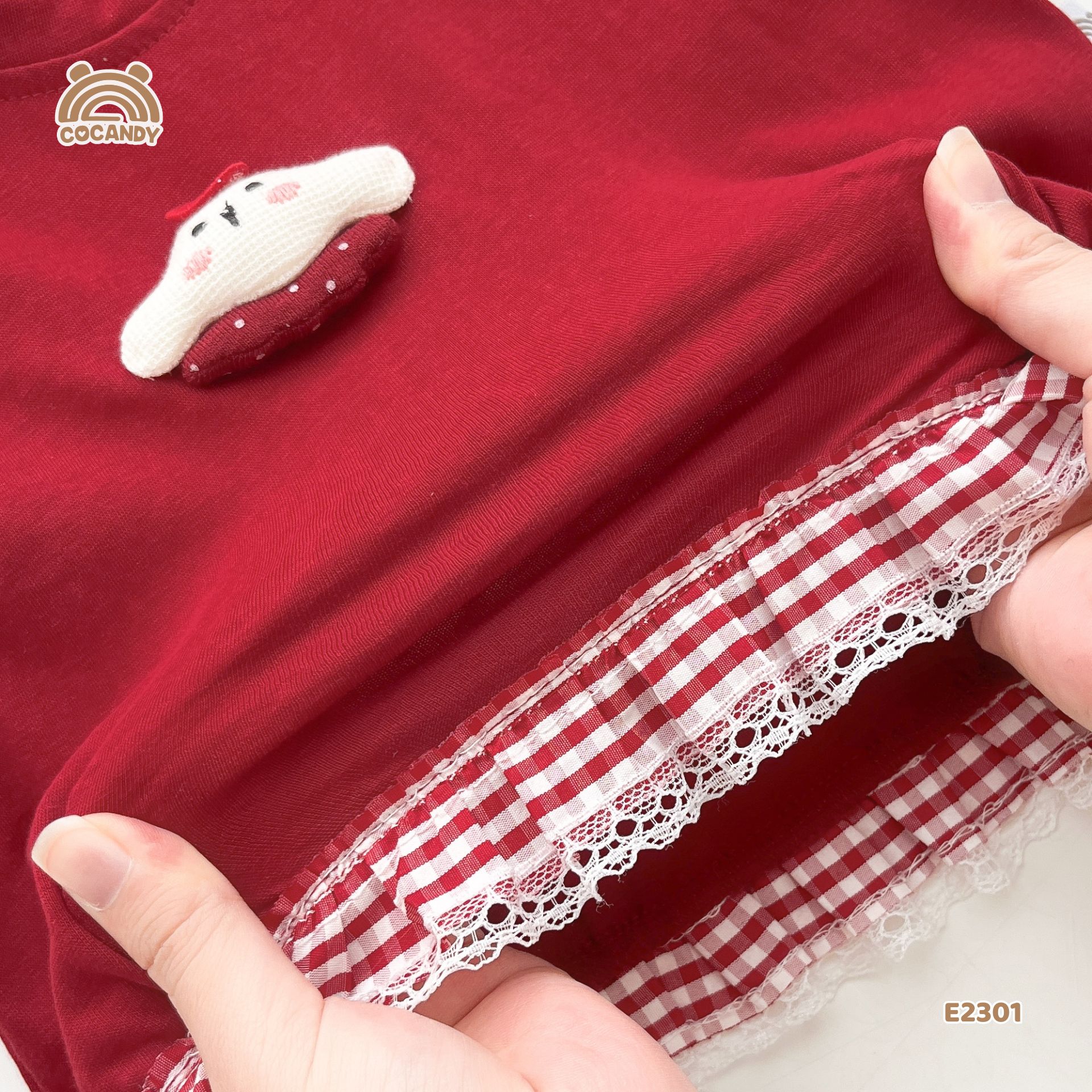 Áo cộc cotton ĐỎ thêu cún nhún bèo caro_thumbnail_3