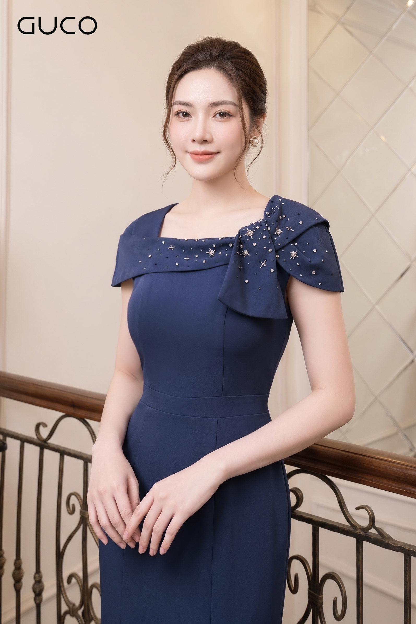 Đầm Dạ Hội Xanh Phối Nơ Đính Đá_thumbnail_2