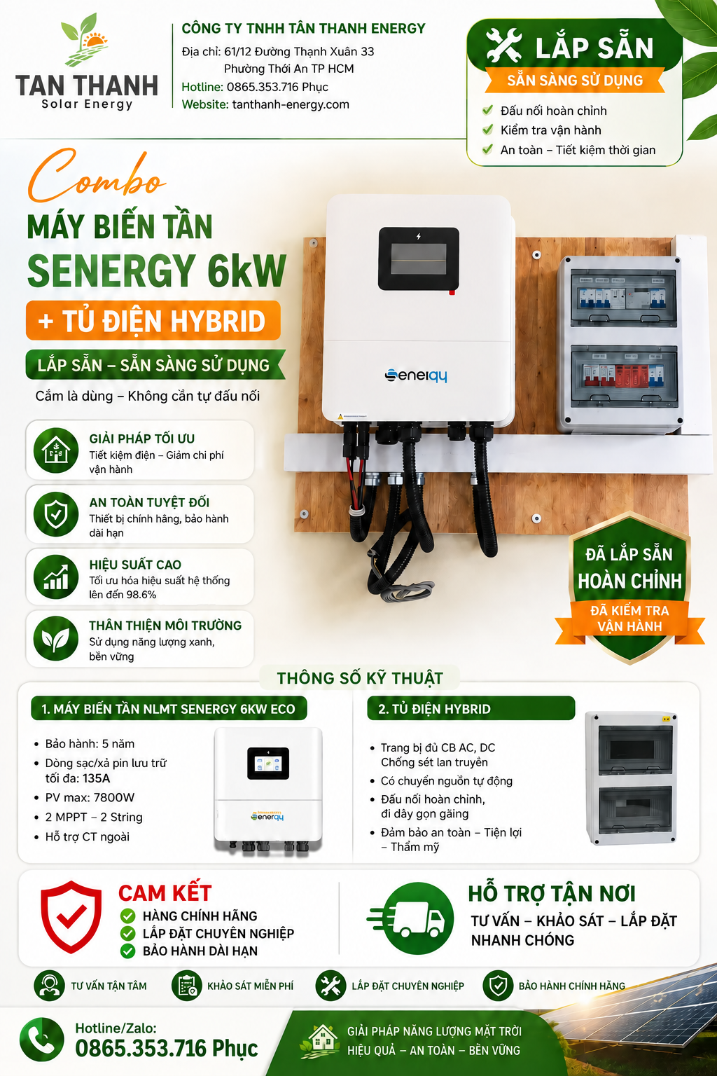 COMBO MÁY BIẾN TẦN NLMT SENERGY 6kW + TỦ ĐIỆN HYBRID LẮP SẴN