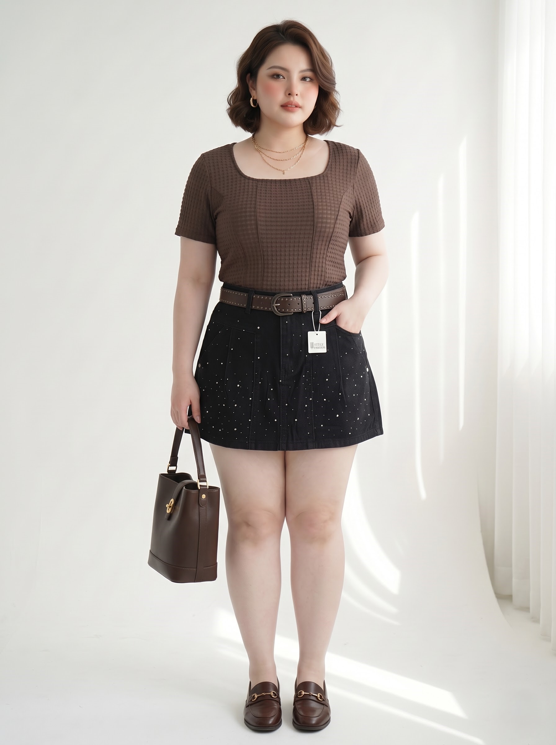 Plus Size High-Waisted Rhinestone Embellished Denim Skirt with Built-in Protective Shorts - Thick and Soft Khaki Jeans - Black - Fits 55-90kg - T-QVJ2130