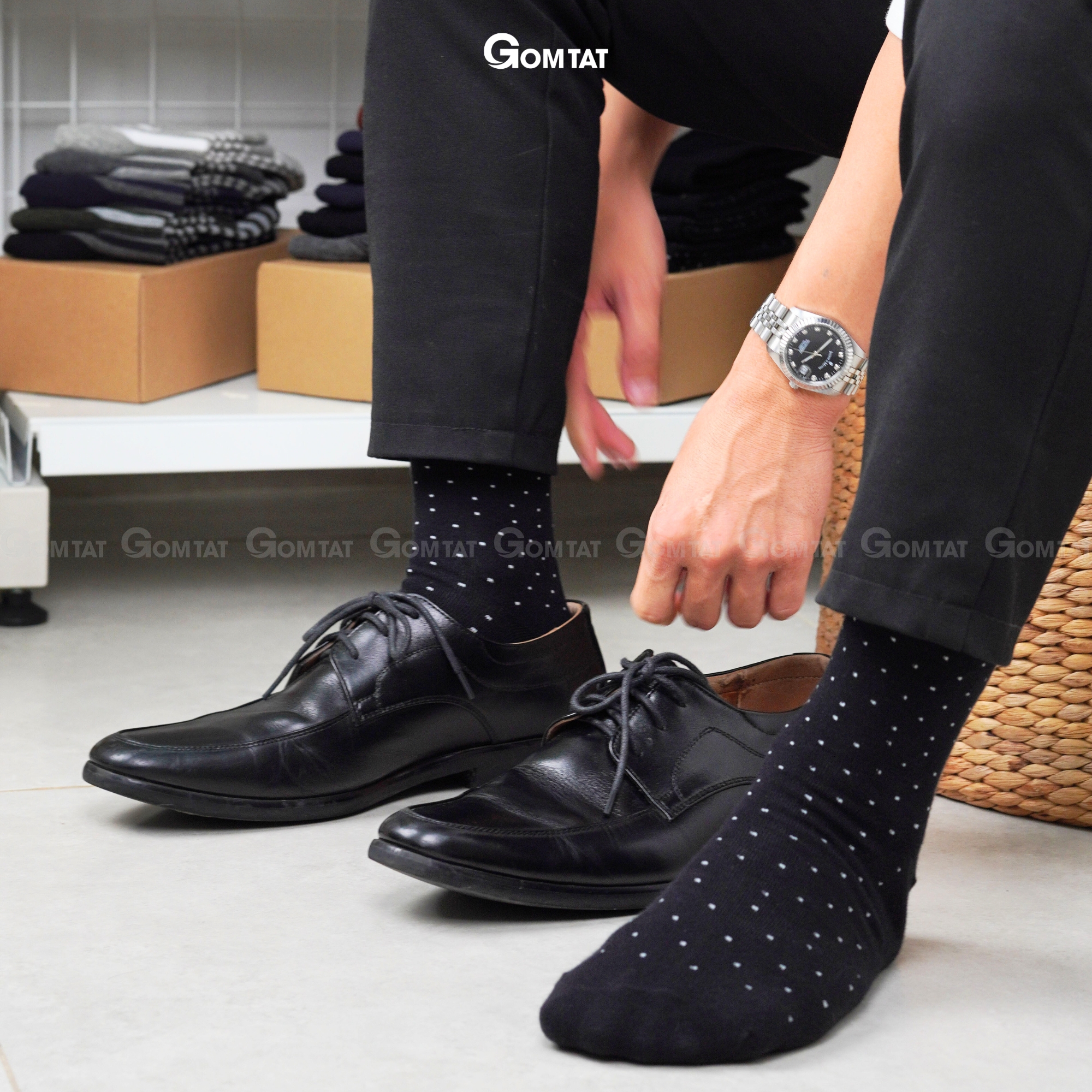 Hộp 5 đôi vớ nam cổ cao công sở GOMTAT hoạ tiết chấm bi, chất liệu cotton cao cấp LUX-CHAMBI-DUMAU-CB5_thumbnail_4