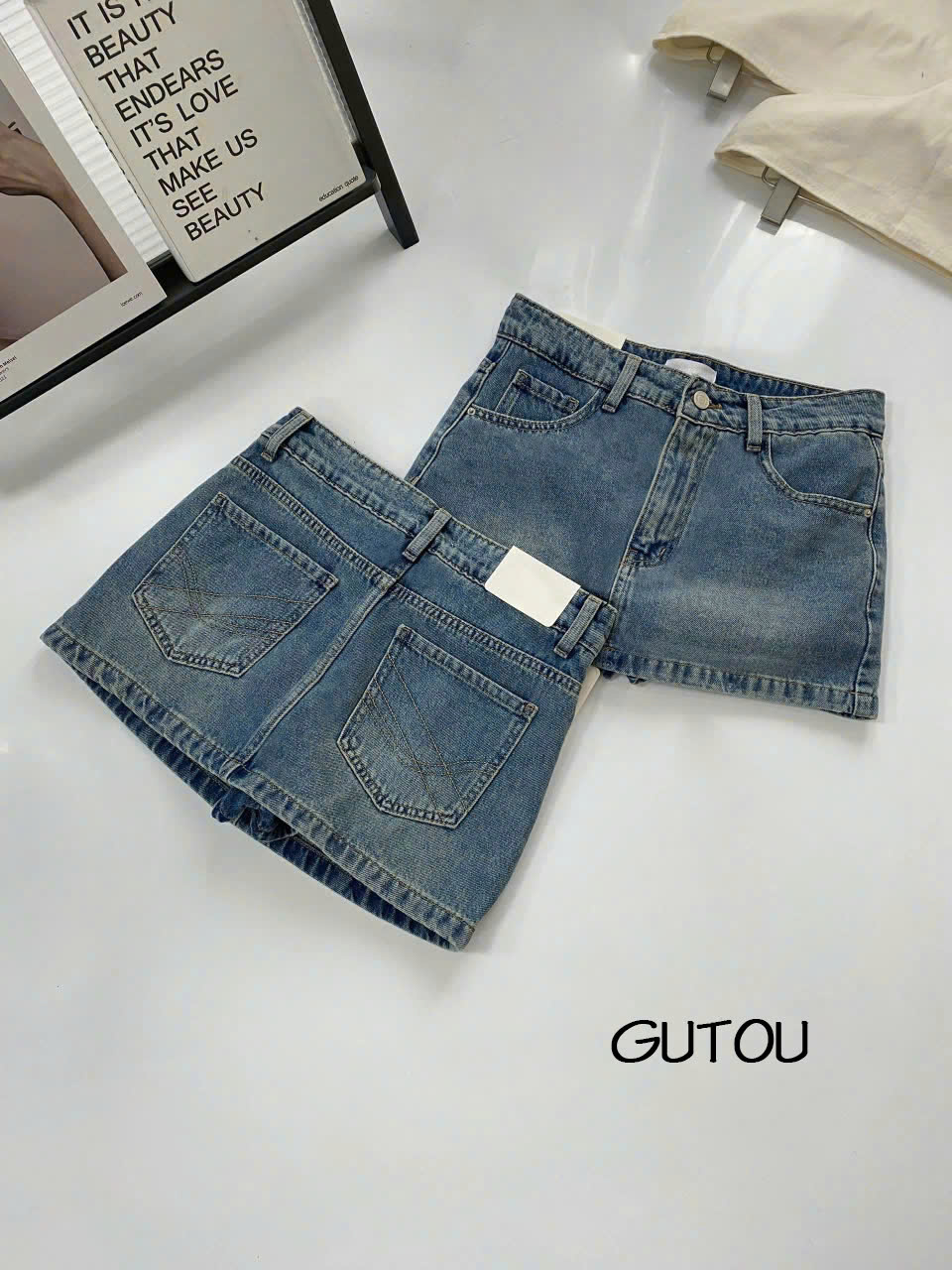 [ GUTOU ] Chân Váy Jean Wash Nhẹ Túi Thêu Chic Style_thumbnail_7