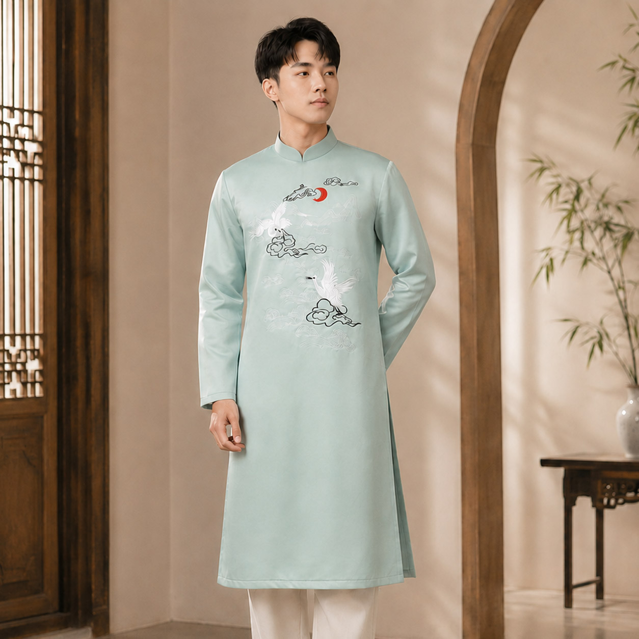 Áo Dài Nam Cách Tân Taffeta Thêu Hạc Vân Sơn Thủy NA26-22