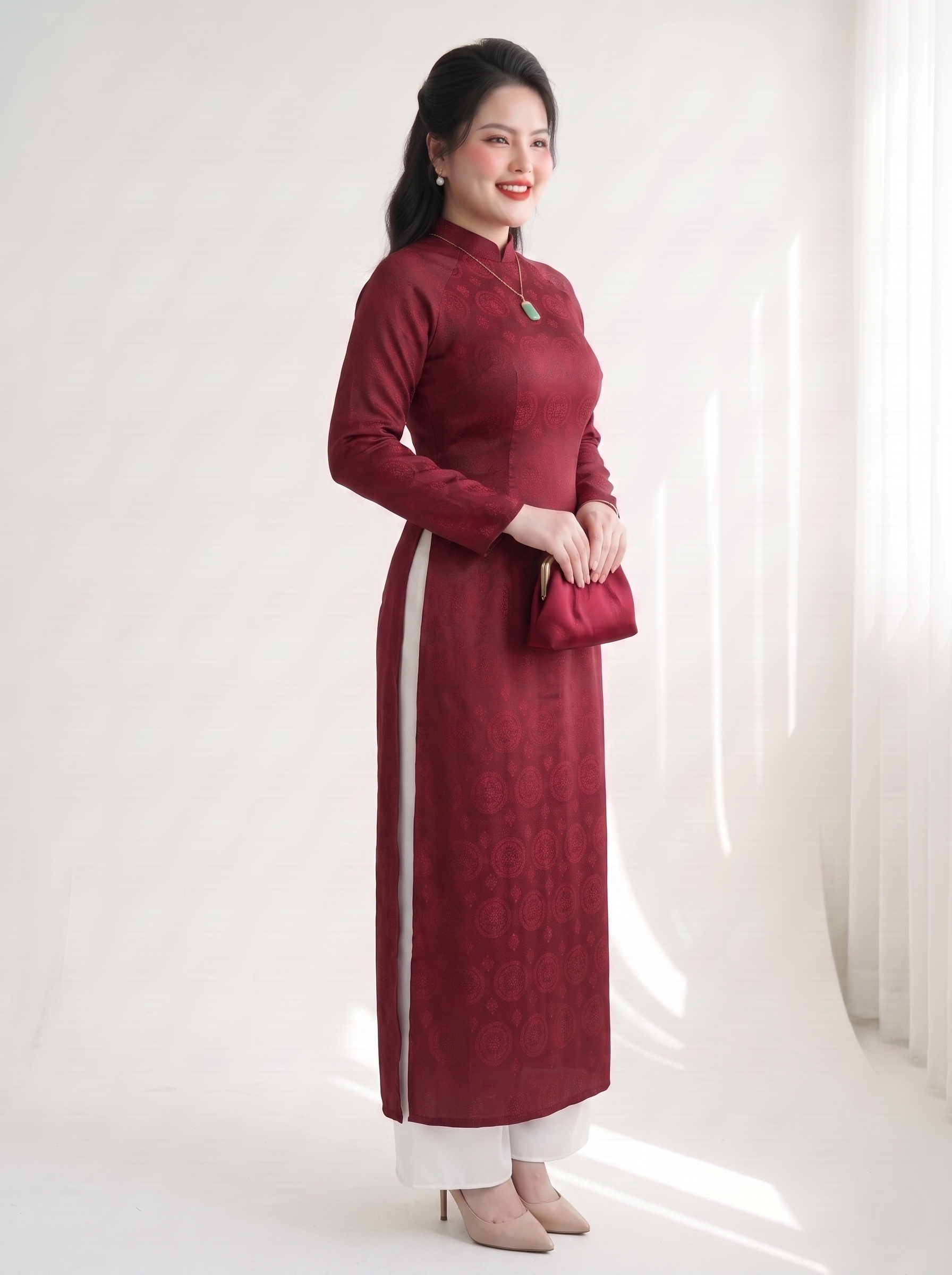 Set Áo Dài Tay Dài Raglan Bigsize Chiết Ly Tôn Dáng - Đỏ Đô Phối Quần Trắng - Vừa 55–90kg - V-SET021_thumbnail_1