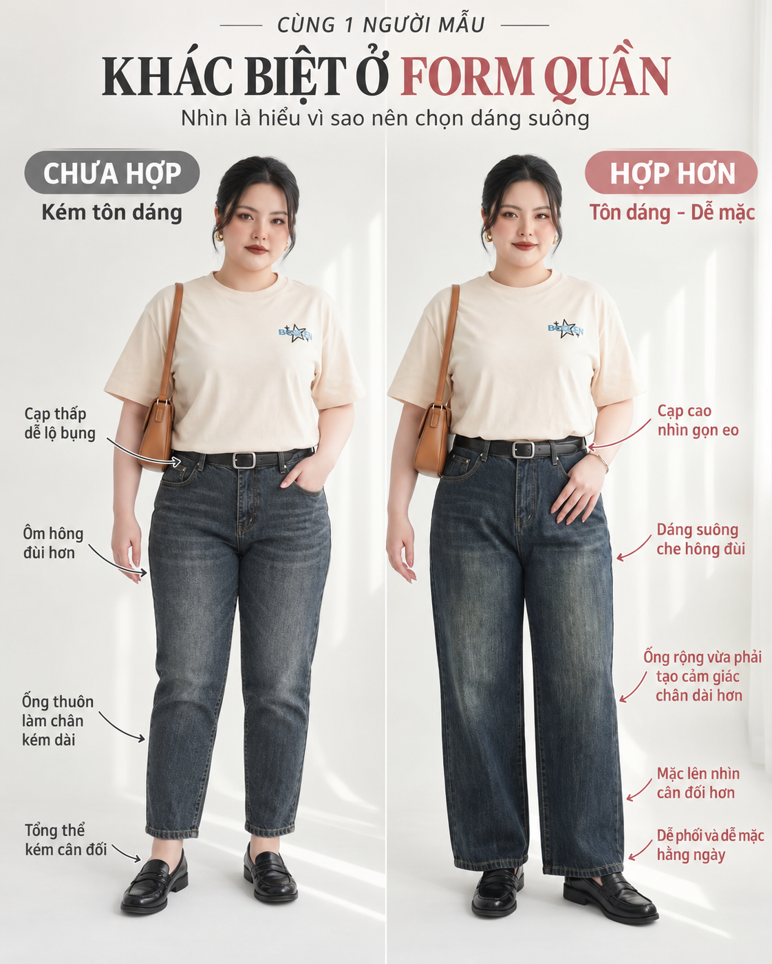 Minh họa so sánh tỷ lệ trang phục giữa jean cạp thấp ống thuôn và jean cạp cao ống suông