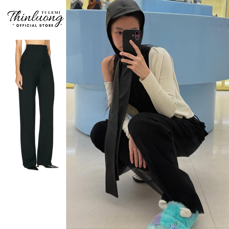 Quần tây ống suông đứng màu đen quần cạp cao chất liệu cotton lạnh quần tây nữ