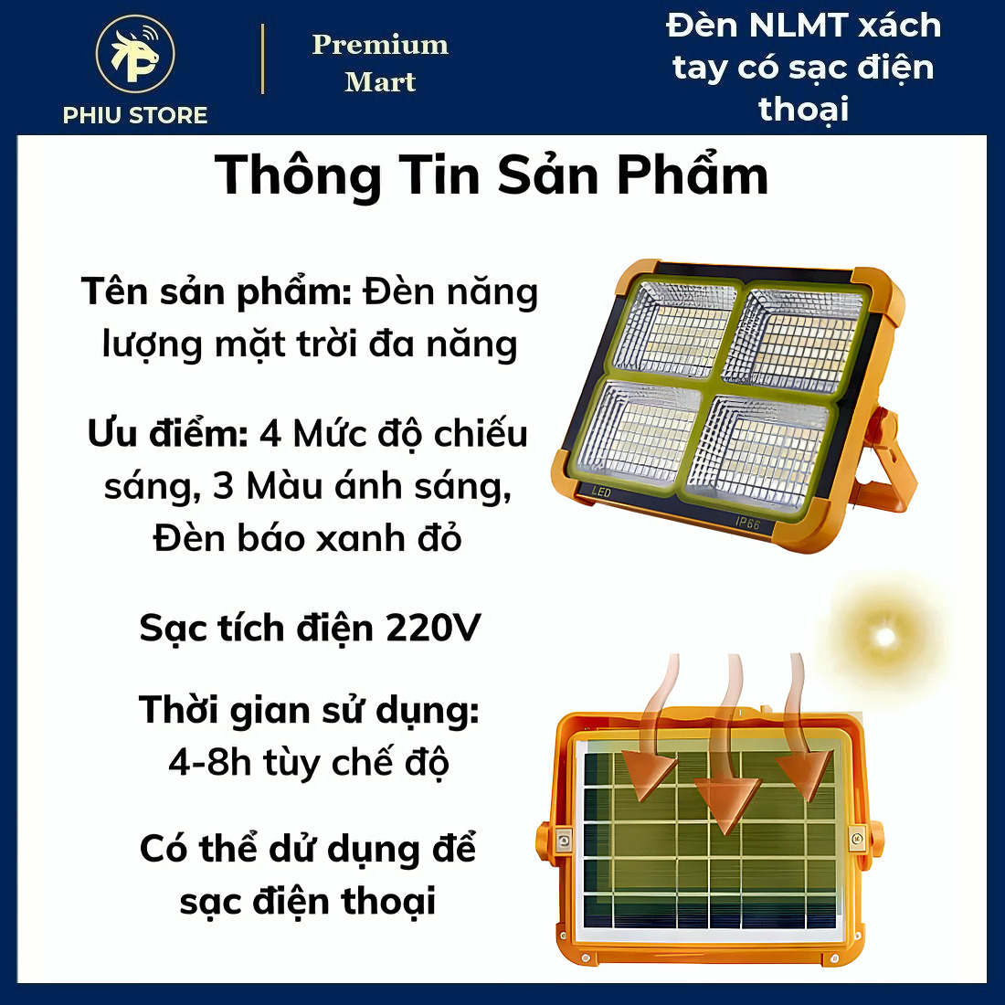 Đèn năng lượng mặt trời xách tay, đèn pha sạc tích điện, đèn LED sạc năng lượng mặt trời, có cổng USB sạc điện thoại, PHIU STORE_thumbnail_3