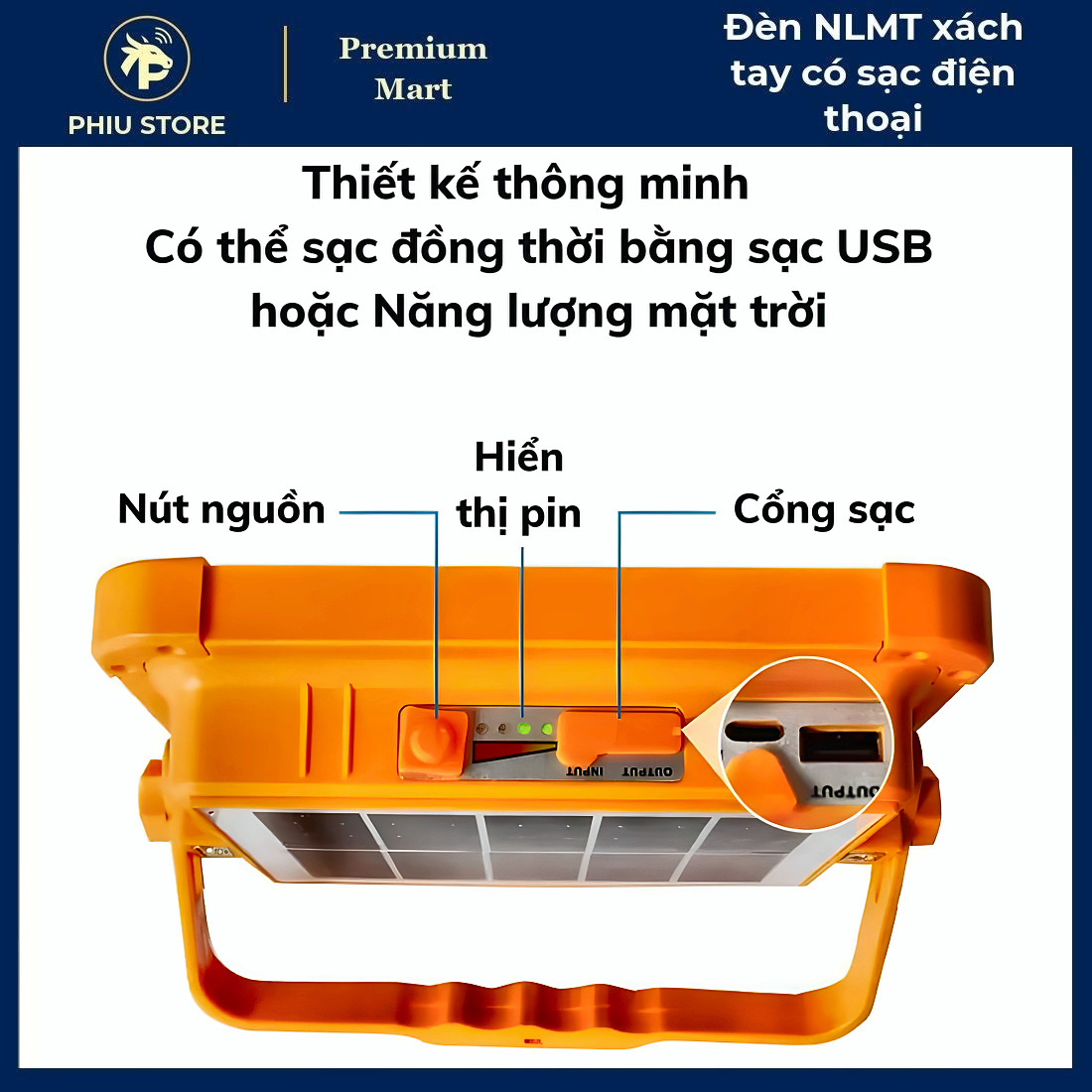 Đèn năng lượng mặt trời xách tay, đèn pha sạc tích điện, đèn LED sạc năng lượng mặt trời, có cổng USB sạc điện thoại, PHIU STORE_thumbnail_5