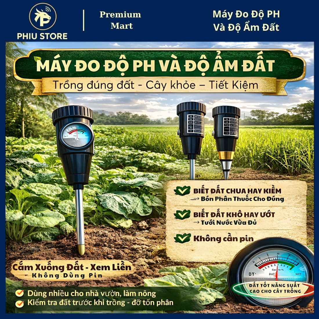 Máy Đo Độ Ẩm & pH Đất - Không Cần Pin