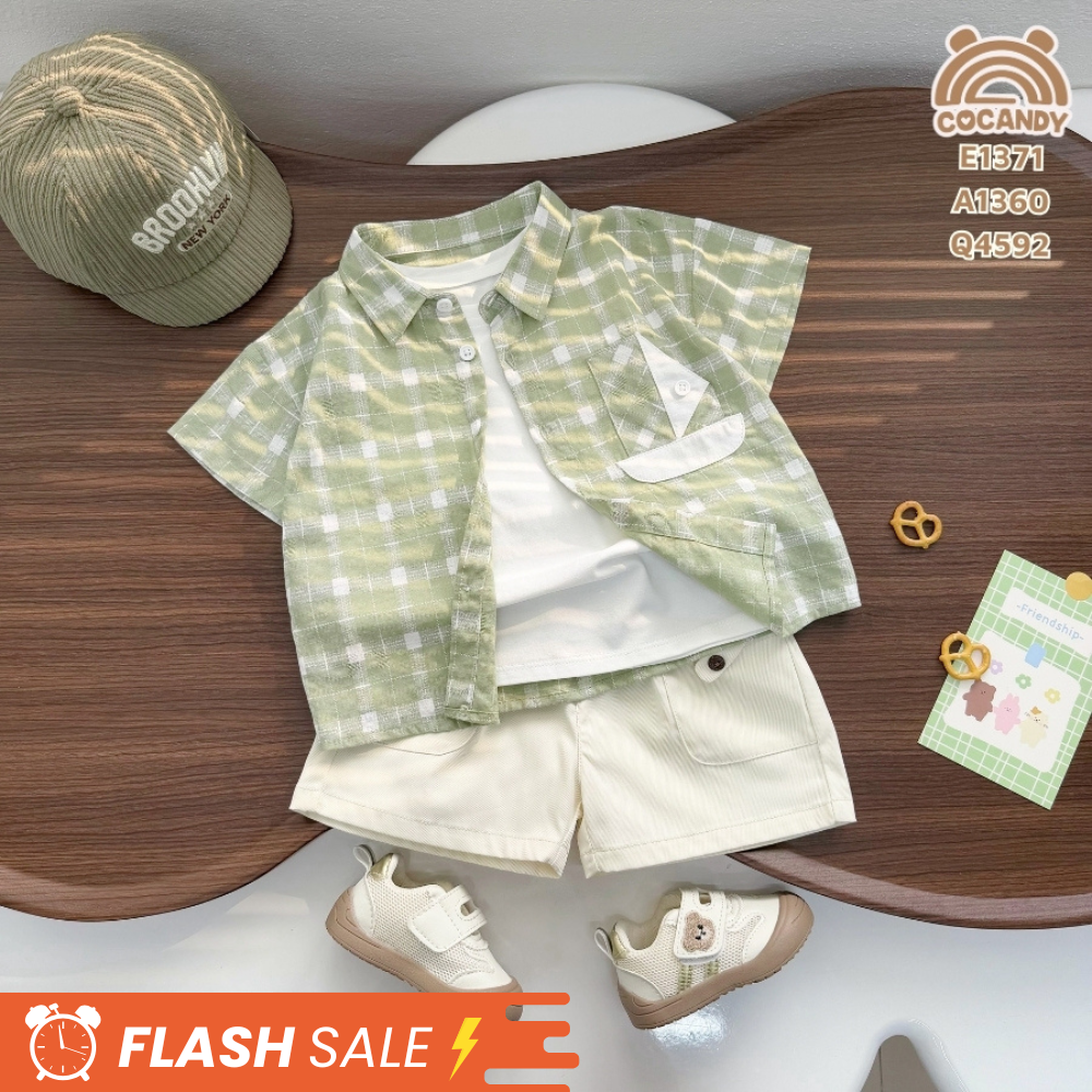 Áo cộc sơ mi caro XANH LÁ phối túi ngực kiểu