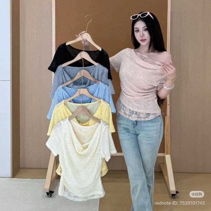 Lucas - Áo thun ren mềm mỏng dáng cổ đổ + áo 2 dây viền ren