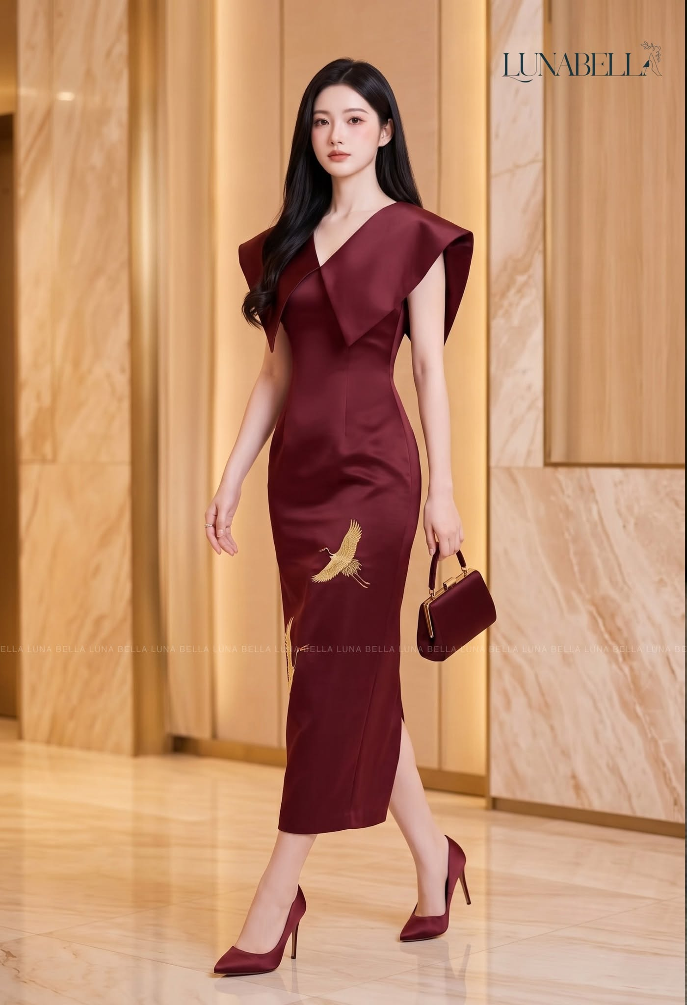 Váy midi dài cổ choàng VESSA thêu màu ĐỎ_thumbnail_1