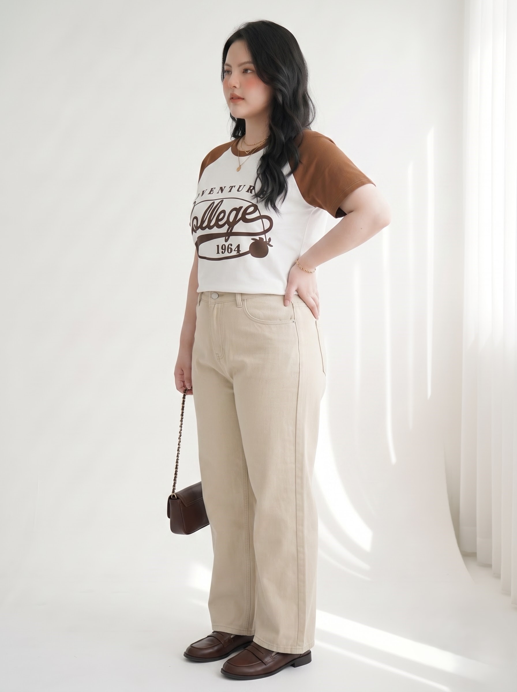 Áo Thun Raglan Phối Màu In Chữ Bigsize Nữ Form Ngắn Cotton Co Giãn - Trắng Nâu - Vừa 55–90kg - V-AK120_thumbnail_1