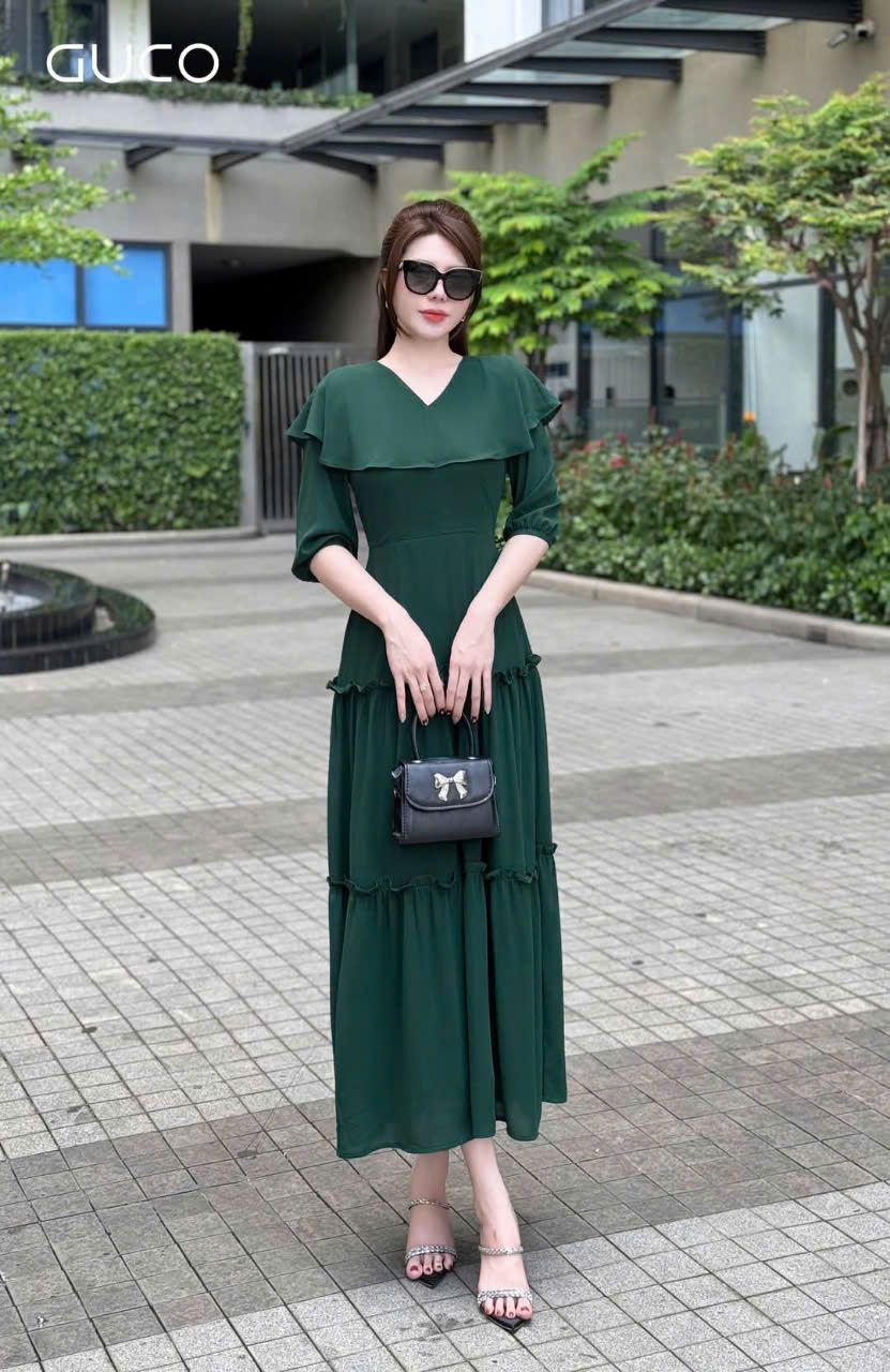 ĐẦM MAXI TAY LỠ NHÚN TÙNG - XANH