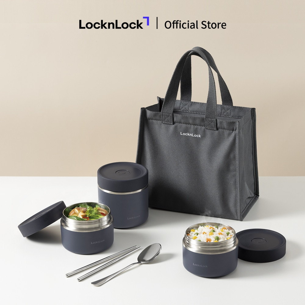 Bộ hộp cơm giữ nhiệt Lock&Lock Pump Vacuum Lunch Box (300ml*2, 500ml*1, bộ đũa và thìa, túi) LHC8052S02_thumbnail_10