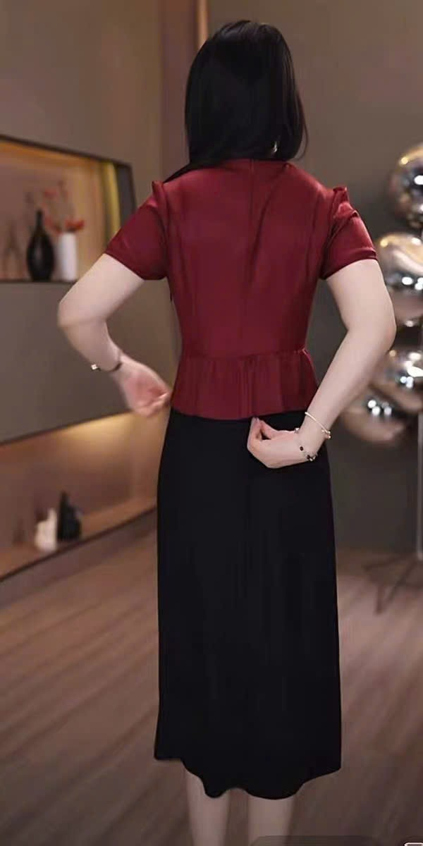 18629-Đầm liền peplum đỏ đen ngắn tay cổ khoét kết hạt ( lụa, lót)_thumbnail_1