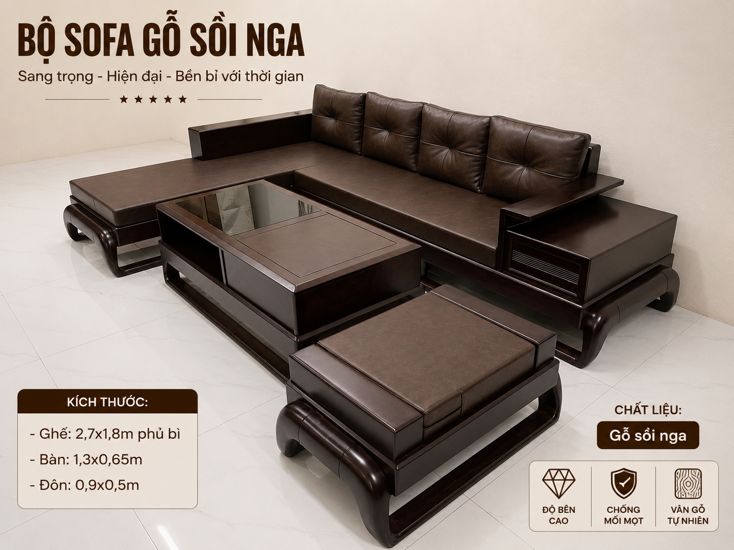 Sofa góc L chân gà vế phải màu óc chó