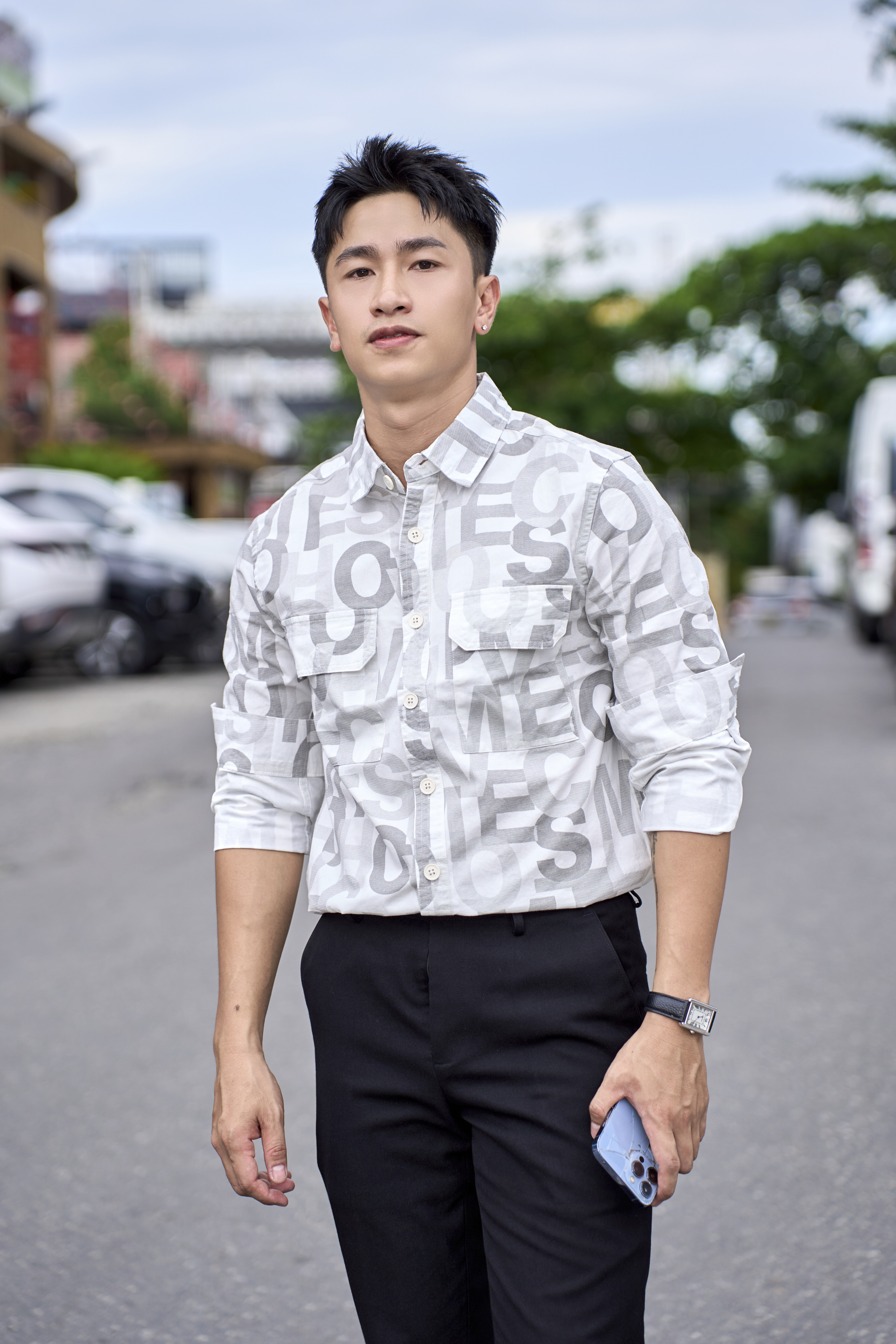 SA120 - Áo Sơ Mi Nam Tay Dài Phong Cách Nhật Bản In Chữ Mẫu Quả Mơ Trắng Chất Cotton Mềm Mại