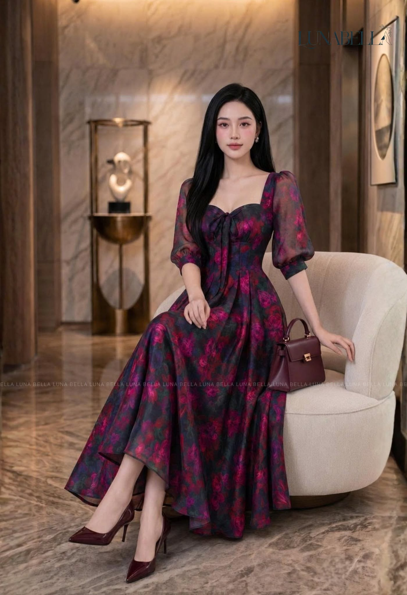 Váy dài tay voan lỡ  PANCHY hoạ tiết hoa HỒNG TÍM_thumbnail_1