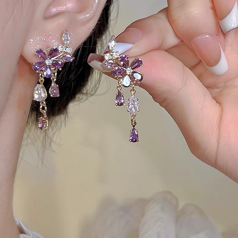 Hoa tai tua rua đính đá zircon màu tím hình hoa dành cho nữ, thời trang, thanh lịch, tinh tế, ngọt ngào, dịu dàng, đa năng, phù hợp cho đám cưới, bán sỉ