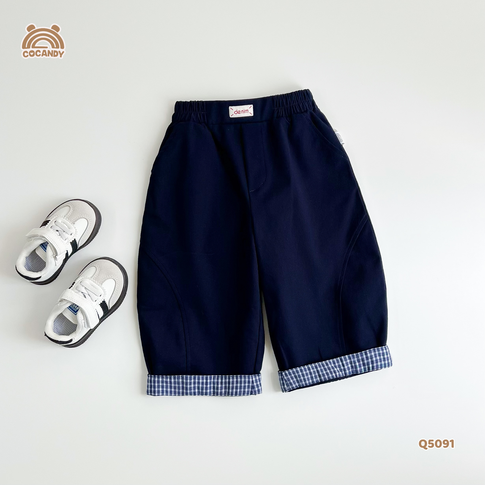 Quần dài kaki XANH phối gấu kẻ