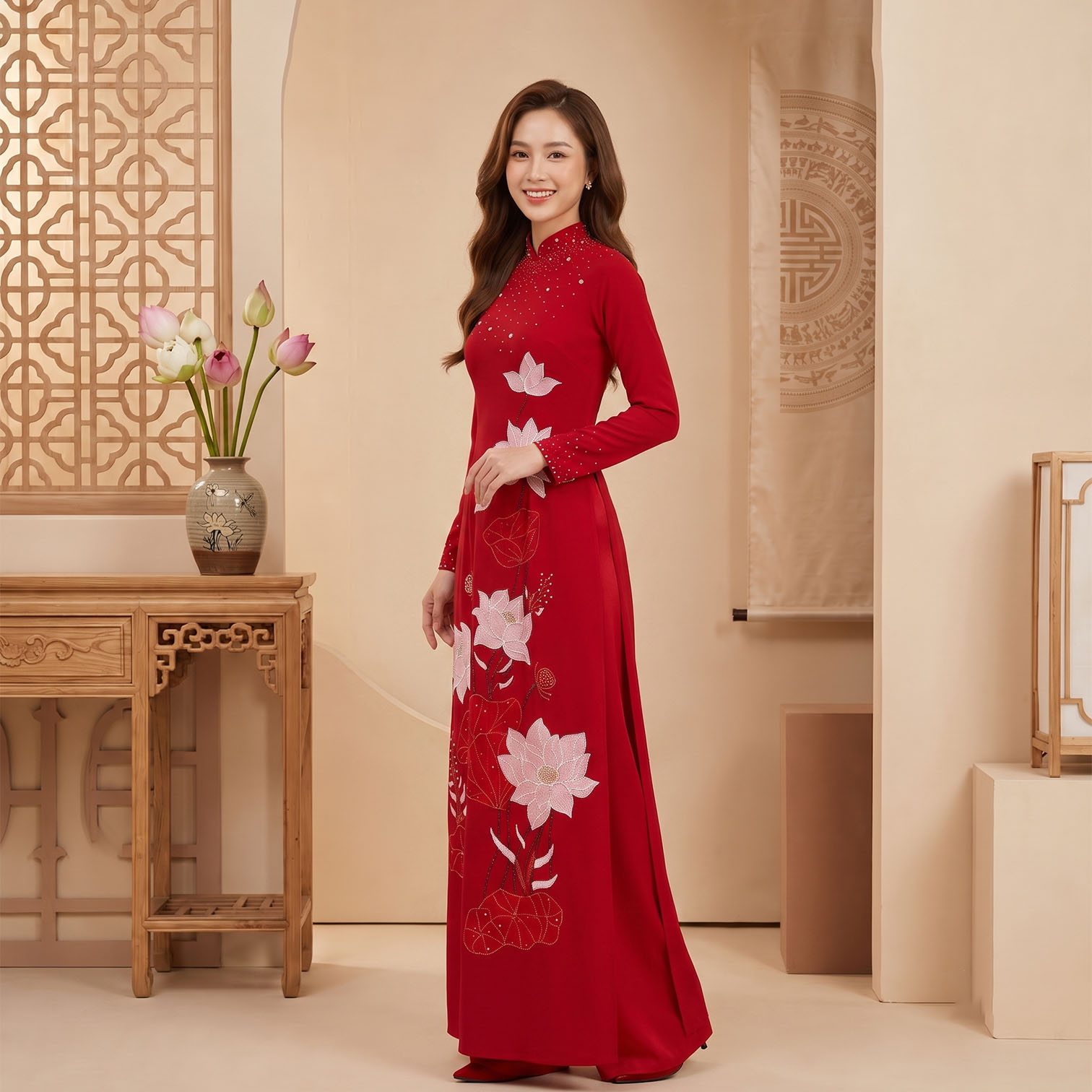 Áo Dài Mẹ Cô Dâu Chú Rể Đỏ Ruby Đính Hoa Sen Sang Trọng AM26-15_thumbnail_3