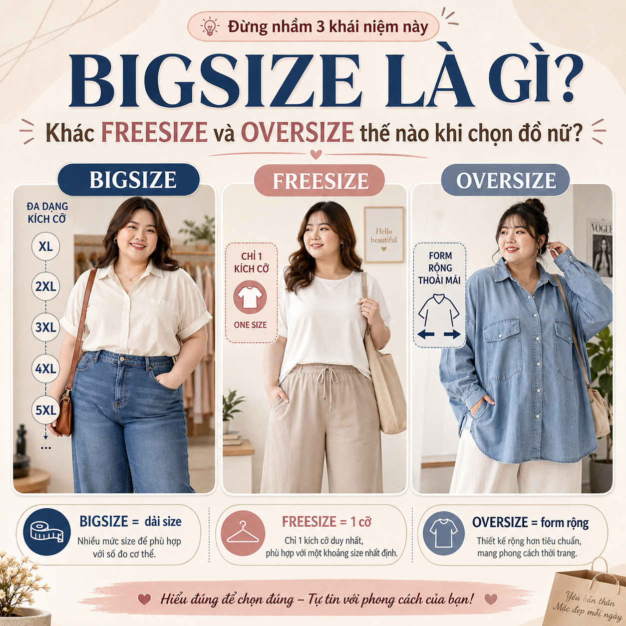 Bigsize là gì? Phân biệt freesize và oversize khi chọn đồ nữ