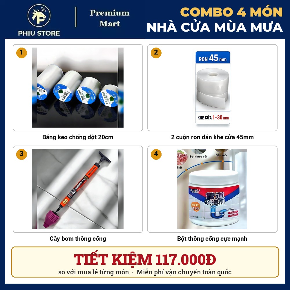 Combo Nhà Cửa Mùa Mưa 4 Món - Băng Keo Chống Dột 20cm, Ron Dán Khe Cửa, Cây Bơm Thông Cống, Bột Thông Cống