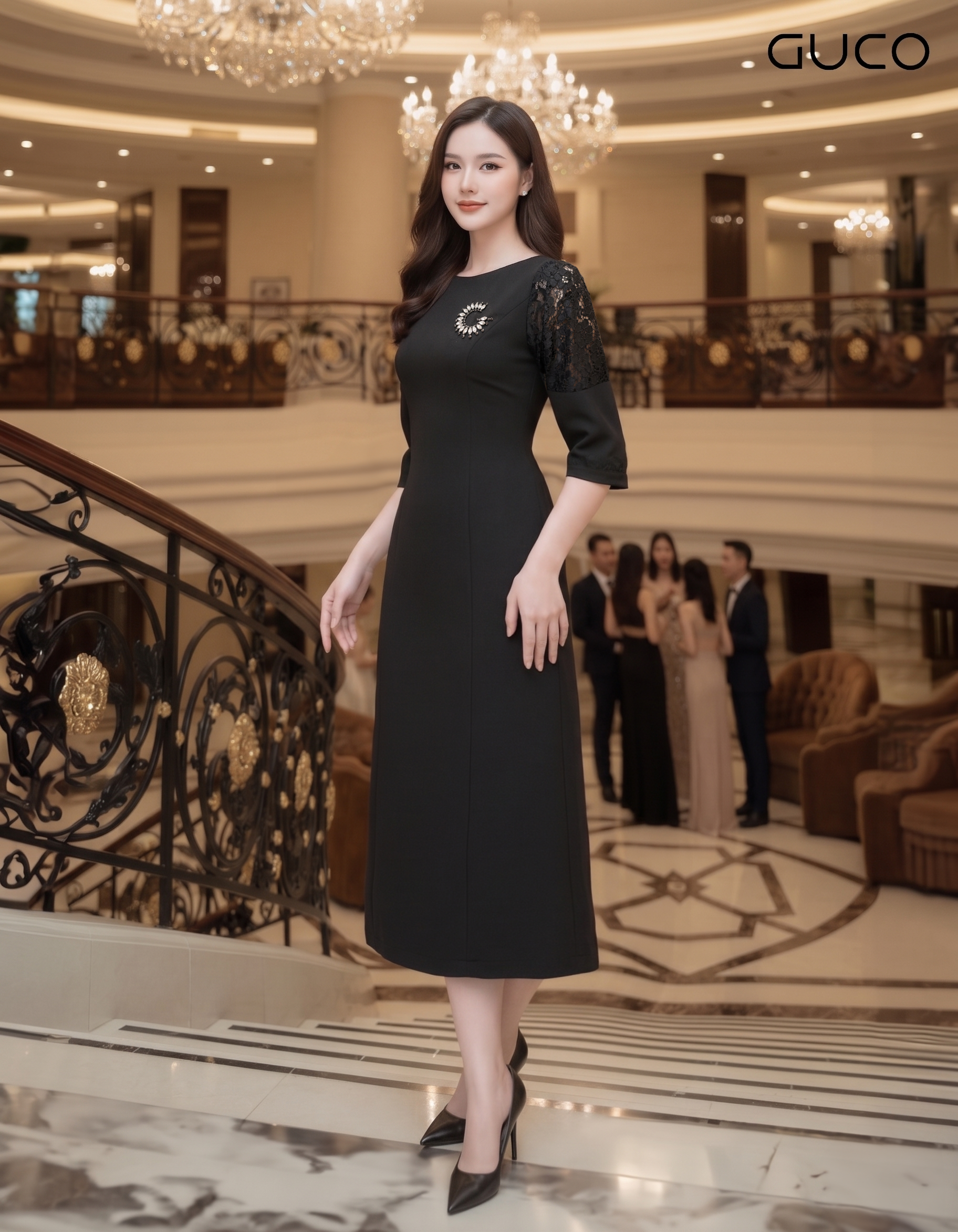 GUCO Đầm Đen Tay Ren Đính Đá_thumbnail_1