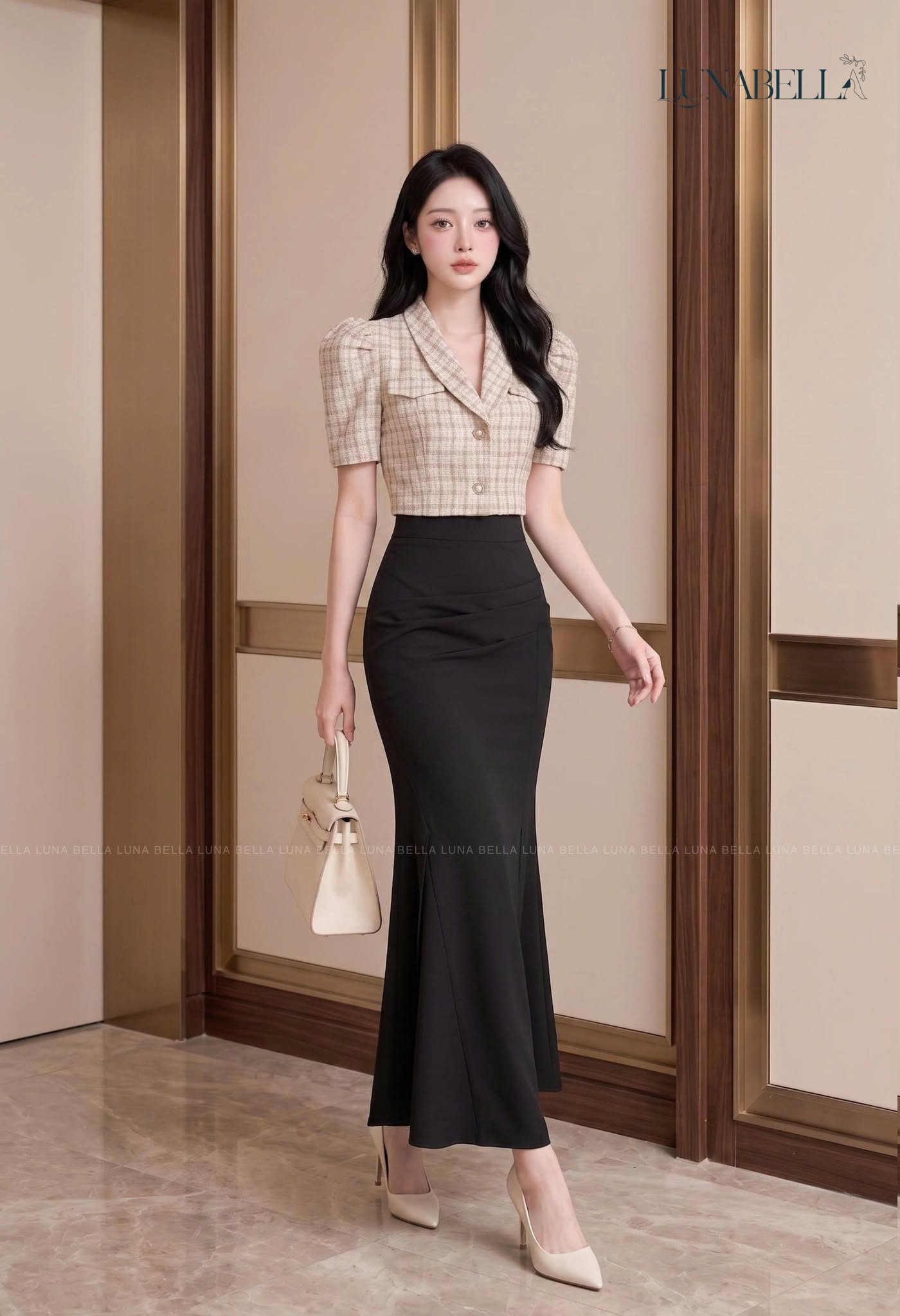 Set áo vest kẻ chân váy đuôi cá dài VERA màu BE_thumbnail_1