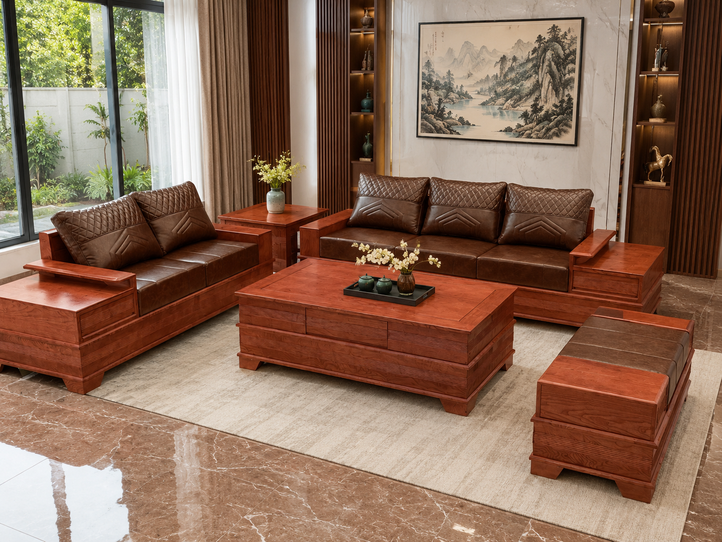 Sofa 2 văng chân pháo màu gỗ hương