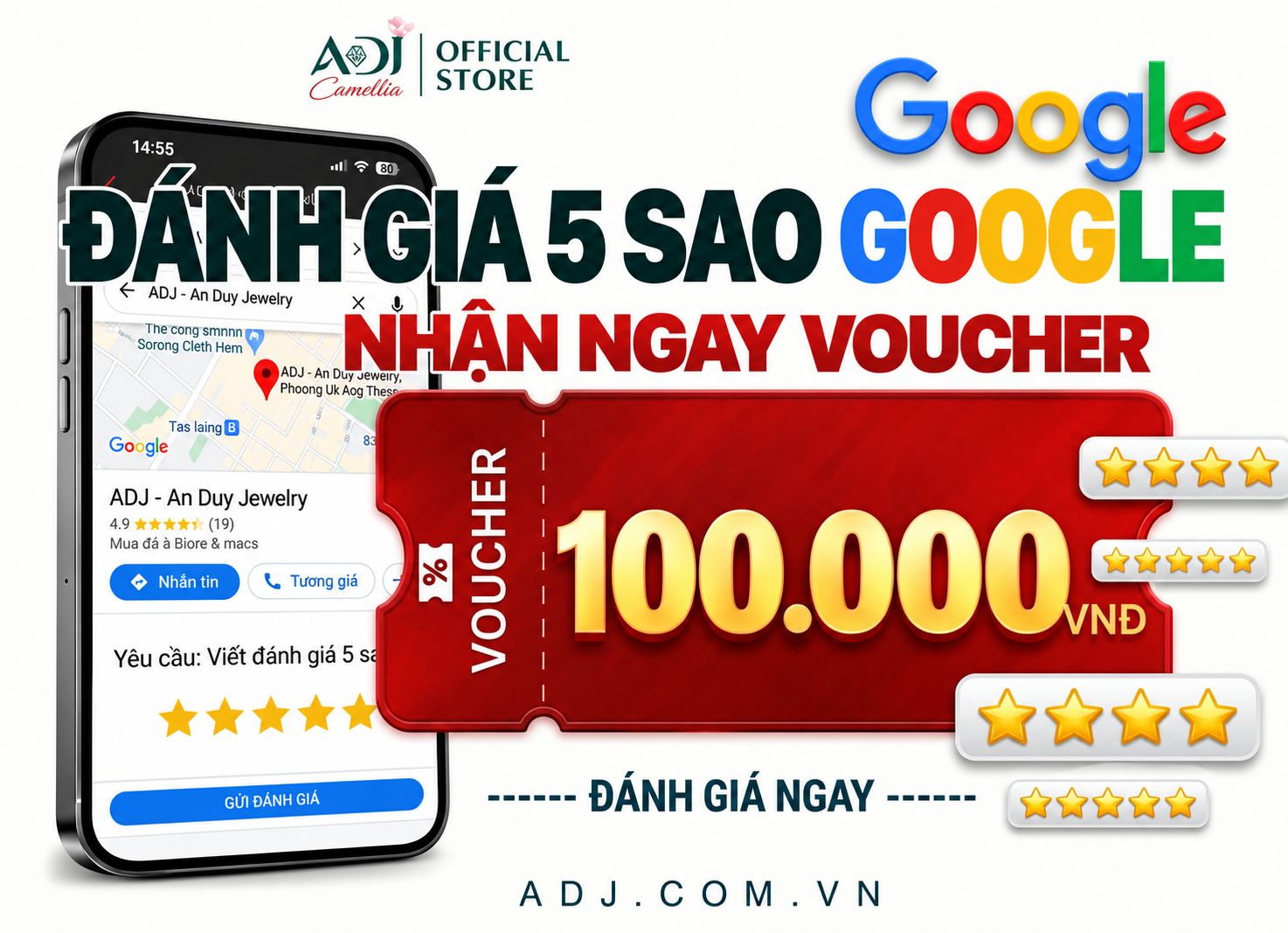 Đánh giá 5 sao ADJ - An Duy Jewelry nhận ngay voucher 100K