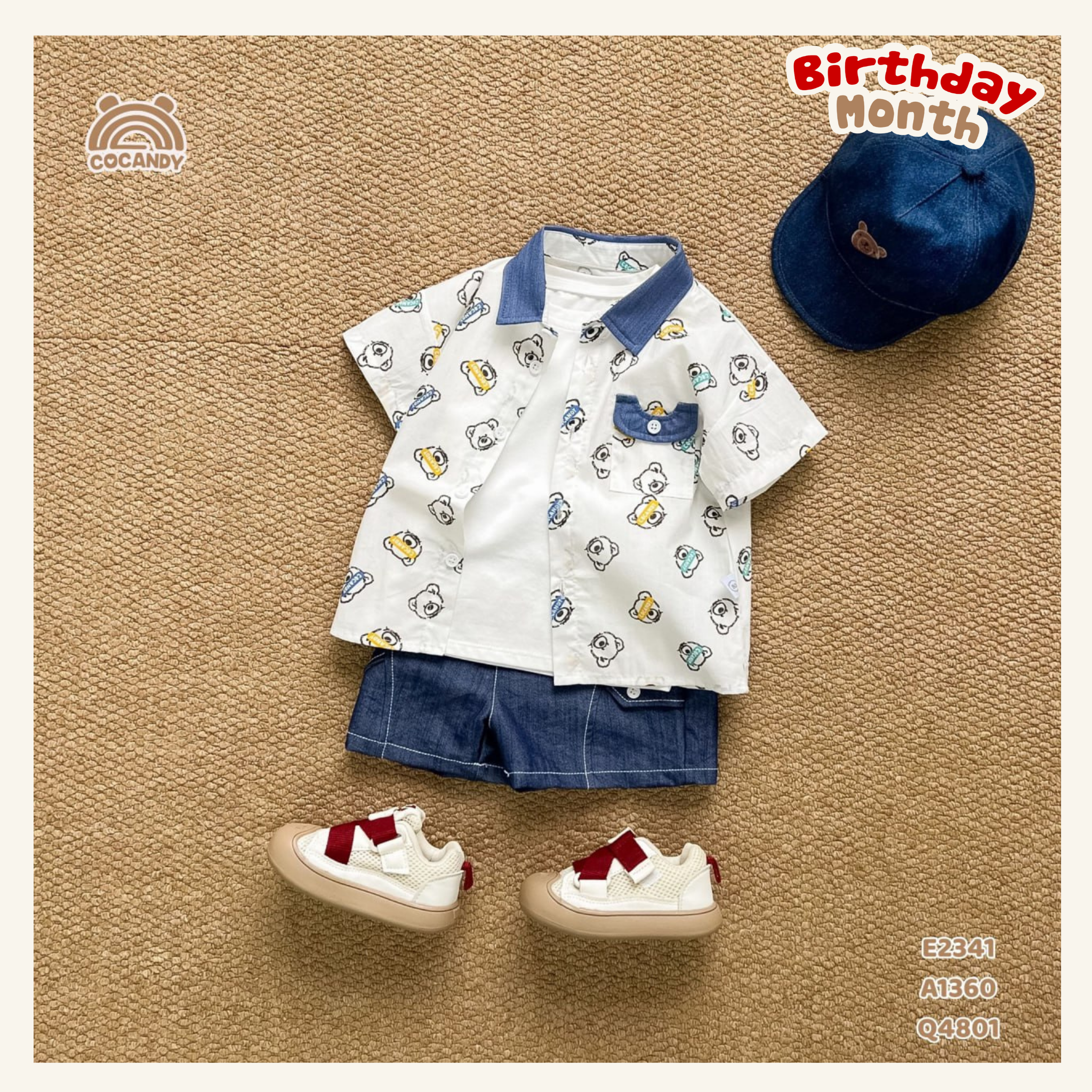 Áo cộc sơ mi TRẮNG hình gấu cổ denim