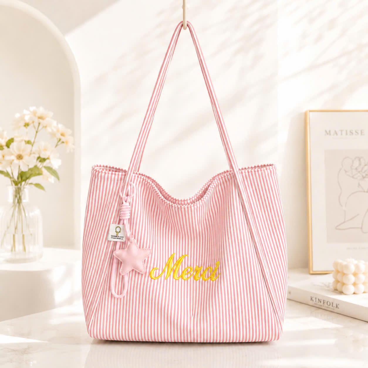 (Tặng Charm Sao) Túi Tote Nữ Vải Nhung Gân Thêu Chữ Merci Dễ Thương Đeo Vai Dáng Rộng CUN425_thumbnail_2