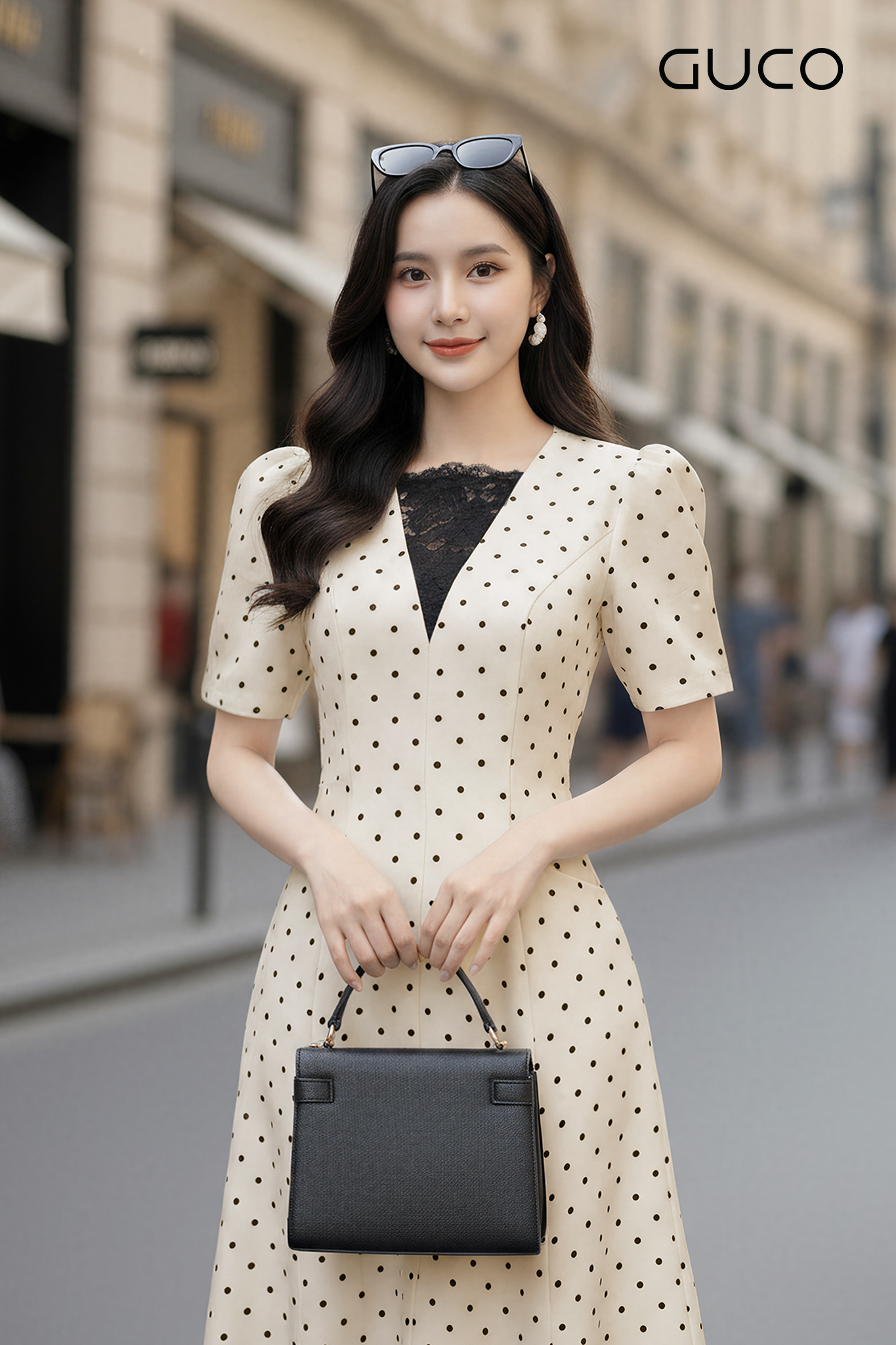 GUCO Đầm Chấm Bi Kem Phối Ren Thanh Nhã_thumbnail_1