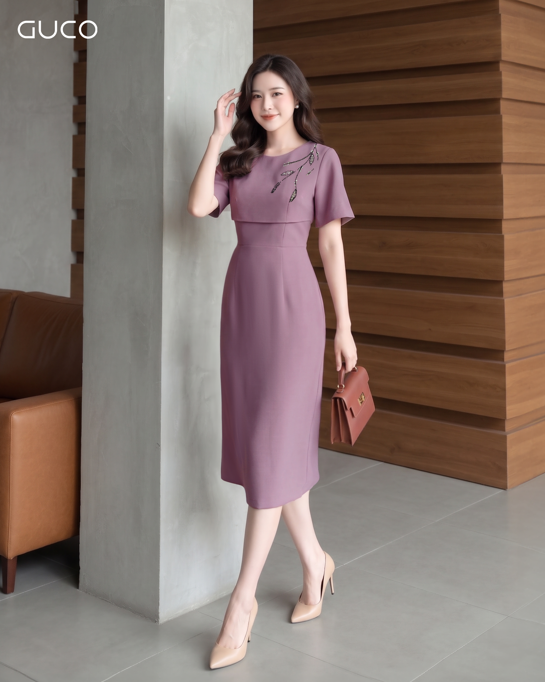 GUCO Đầm Body Tím Hồng Đính Đá Cao Cấp