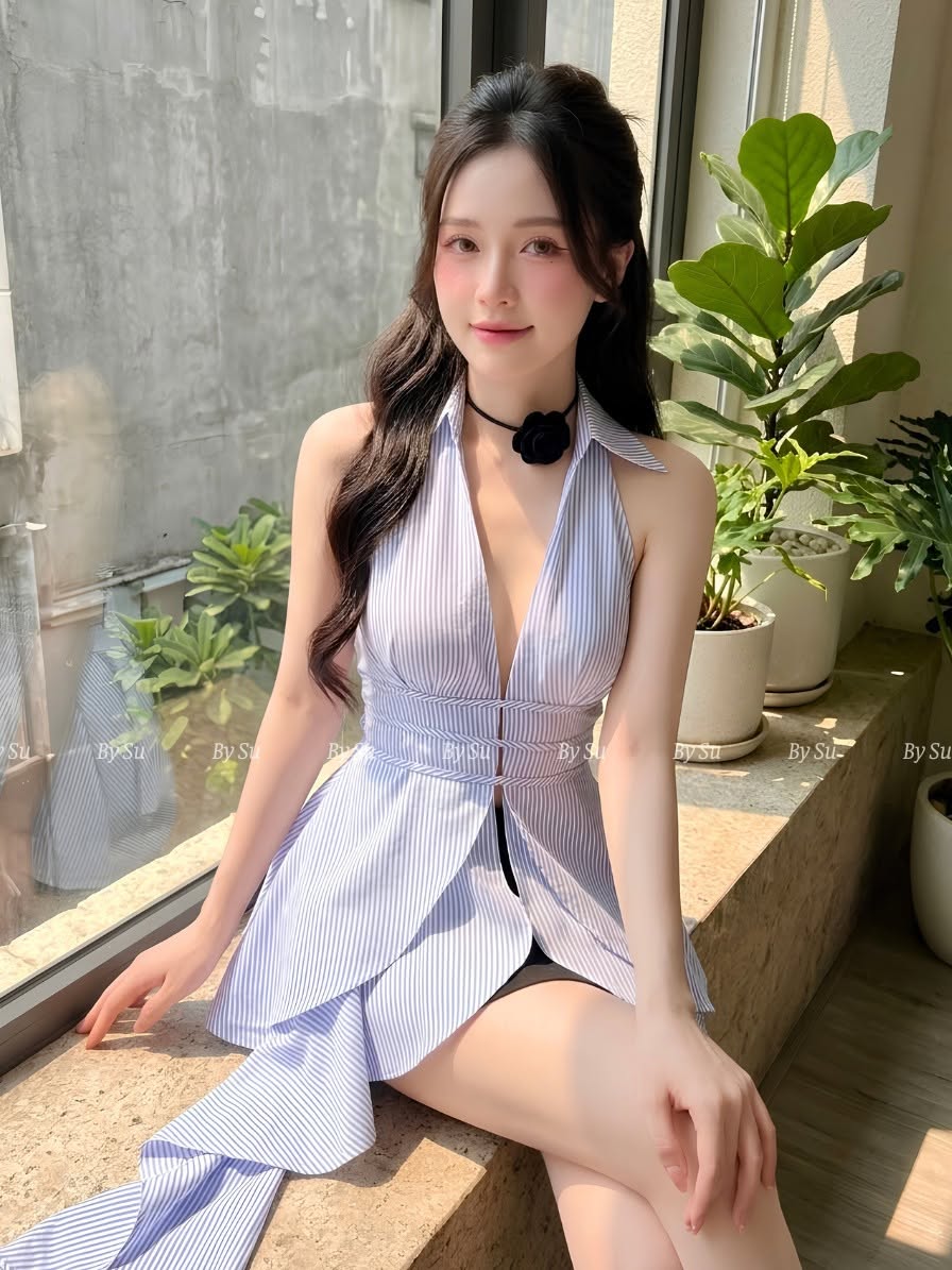 AOM30 - Áo Cổ Yếm Kẻ Cách Điệu