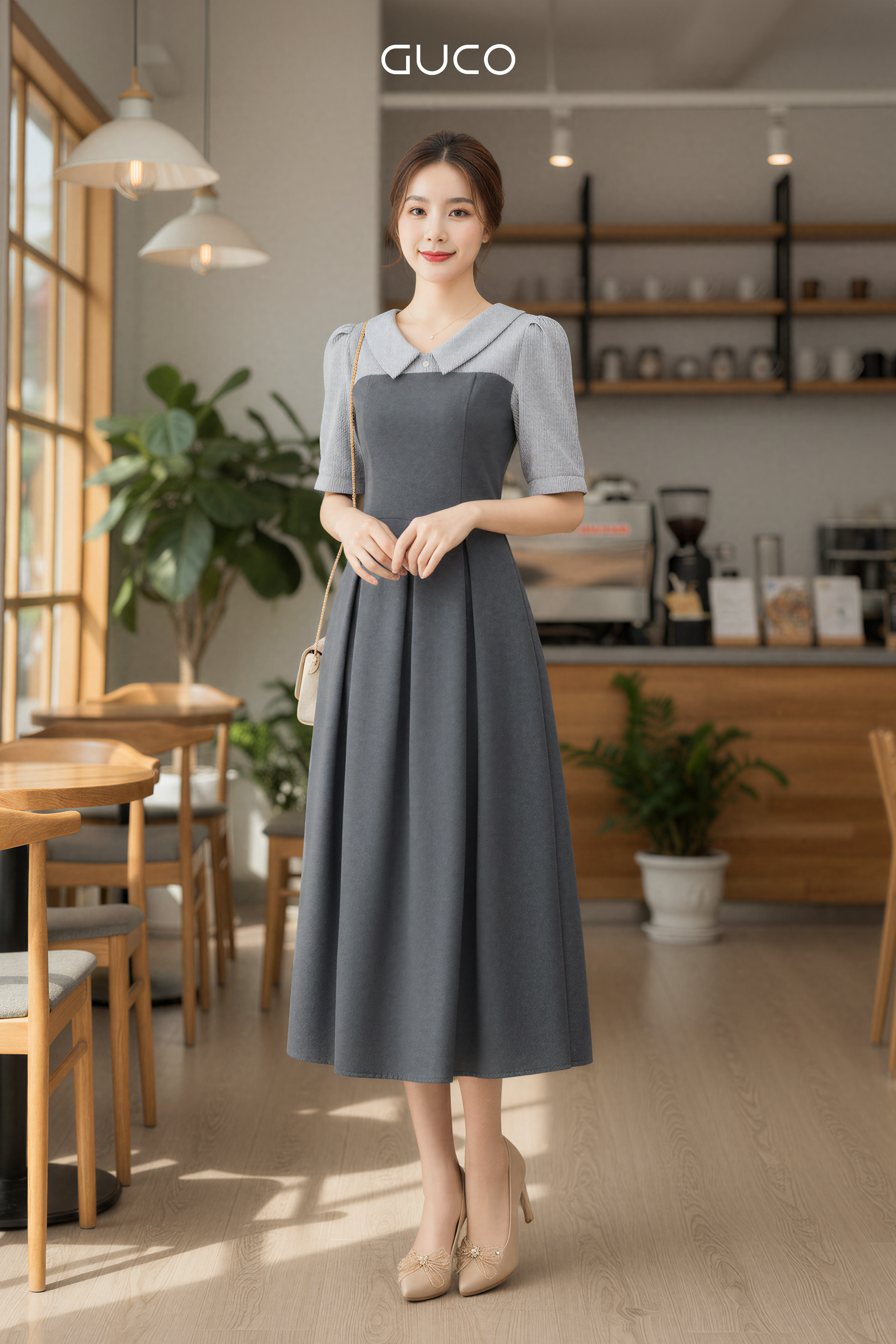ĐẦM XÒE TAY PHỐI  ĐÍNH NÚT - XÁM