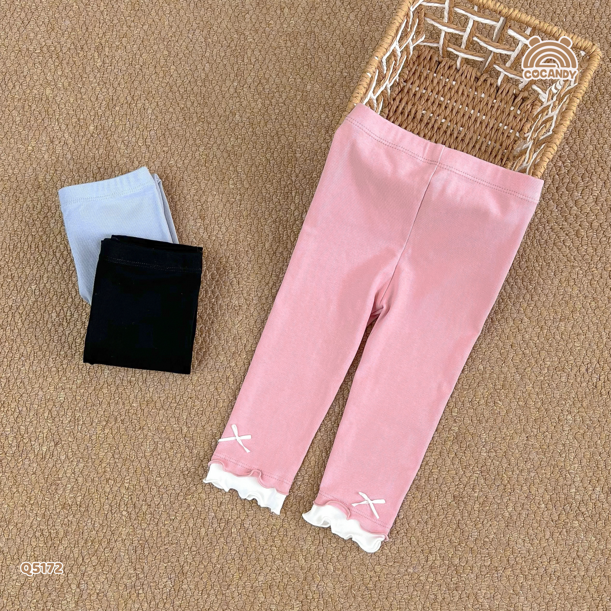 Quần dài legging HỒNG phối gấu nơ