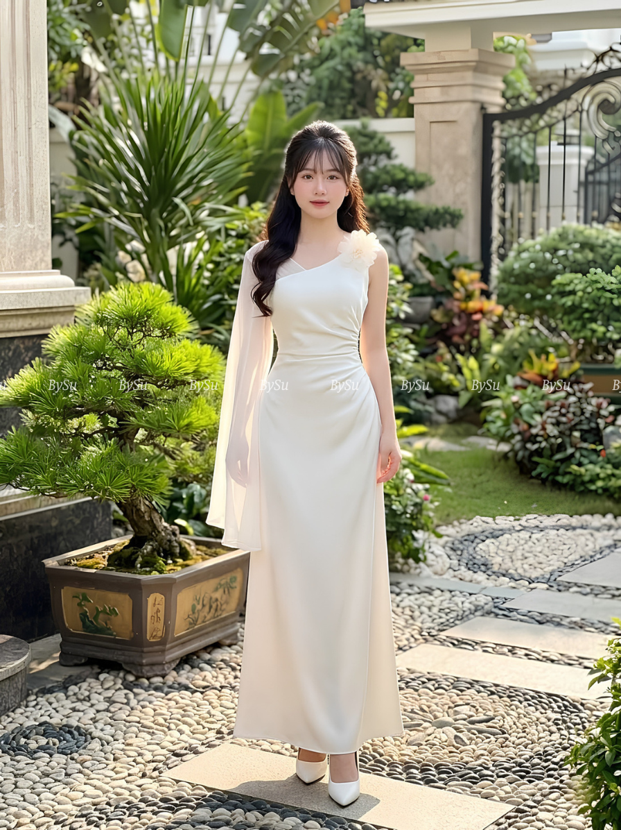 M29 - Đầm Lụa Lệch Vai Phối Voan