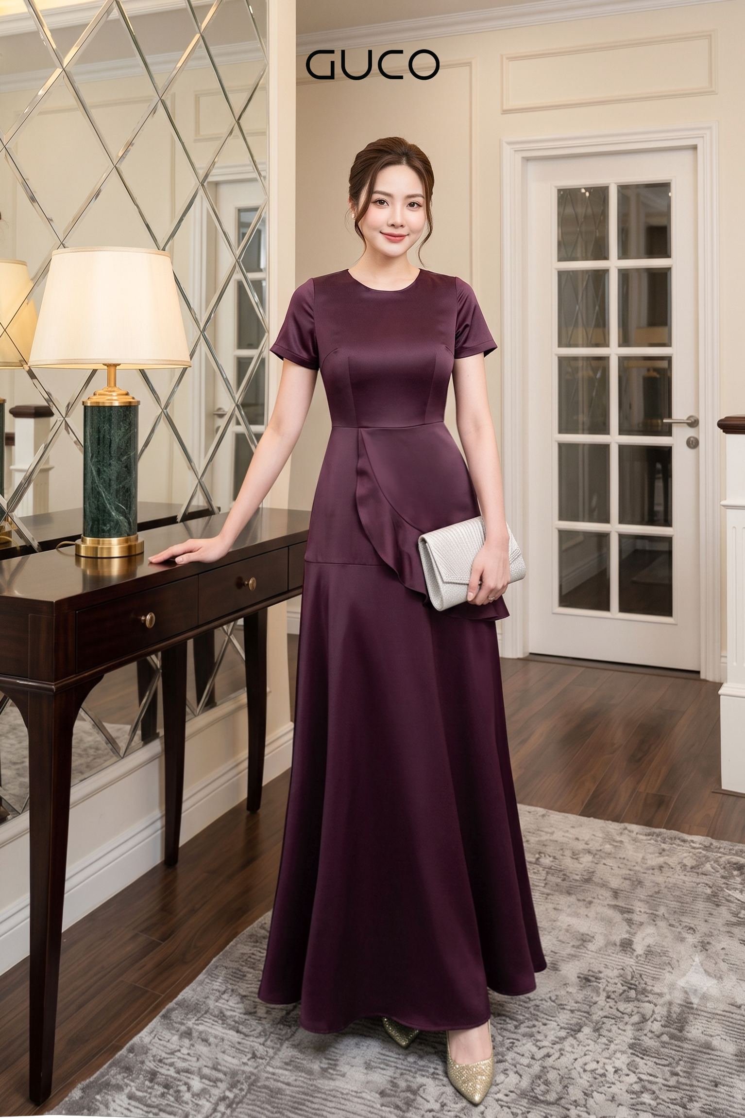 Đầm Dạ Hội Đỏ Burgundy Phối Bèo
