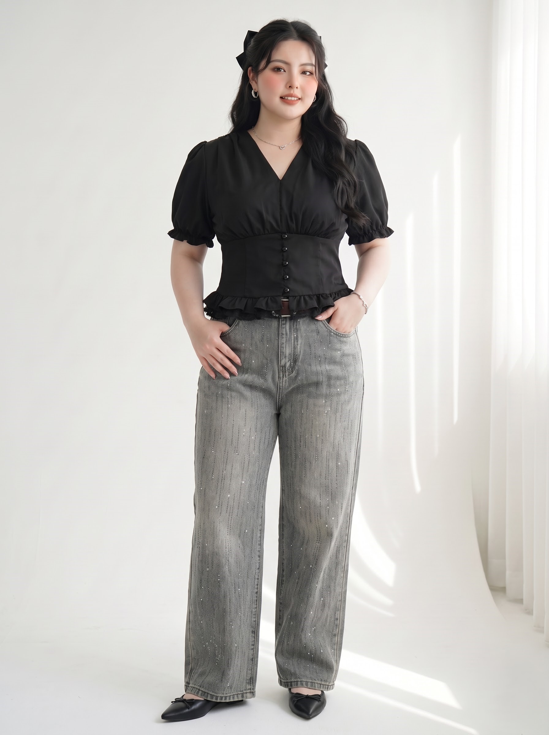 Quần Jean Suông Nấm Ép Đá Bigsize Cạp Cao Ống Rộng Gọn Đùi - Nhạt Bụi - Vừa 55–90kg - T-QJ5056