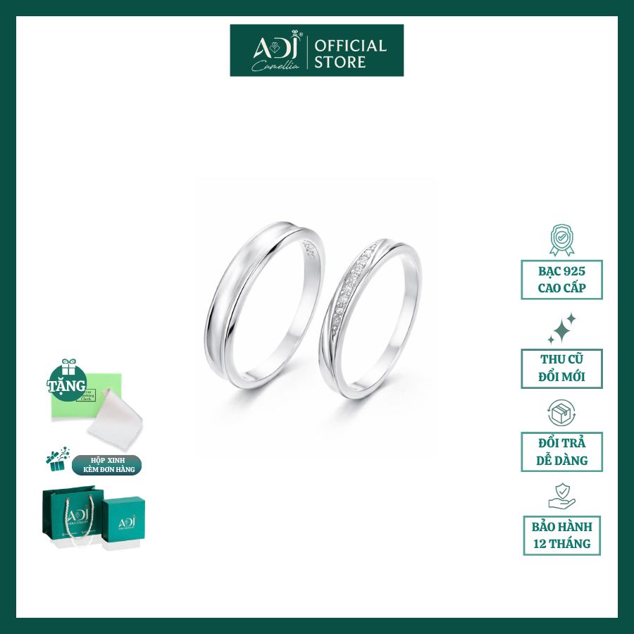 Nhẫn Đôi Bạc 925 ADJ Thiết Kế Minimalist Đính Đá Tinh Xảo - Nhẫn Cặp Bạc Ý Cao Cấp Tặng Hộp Quà Sang Trọng