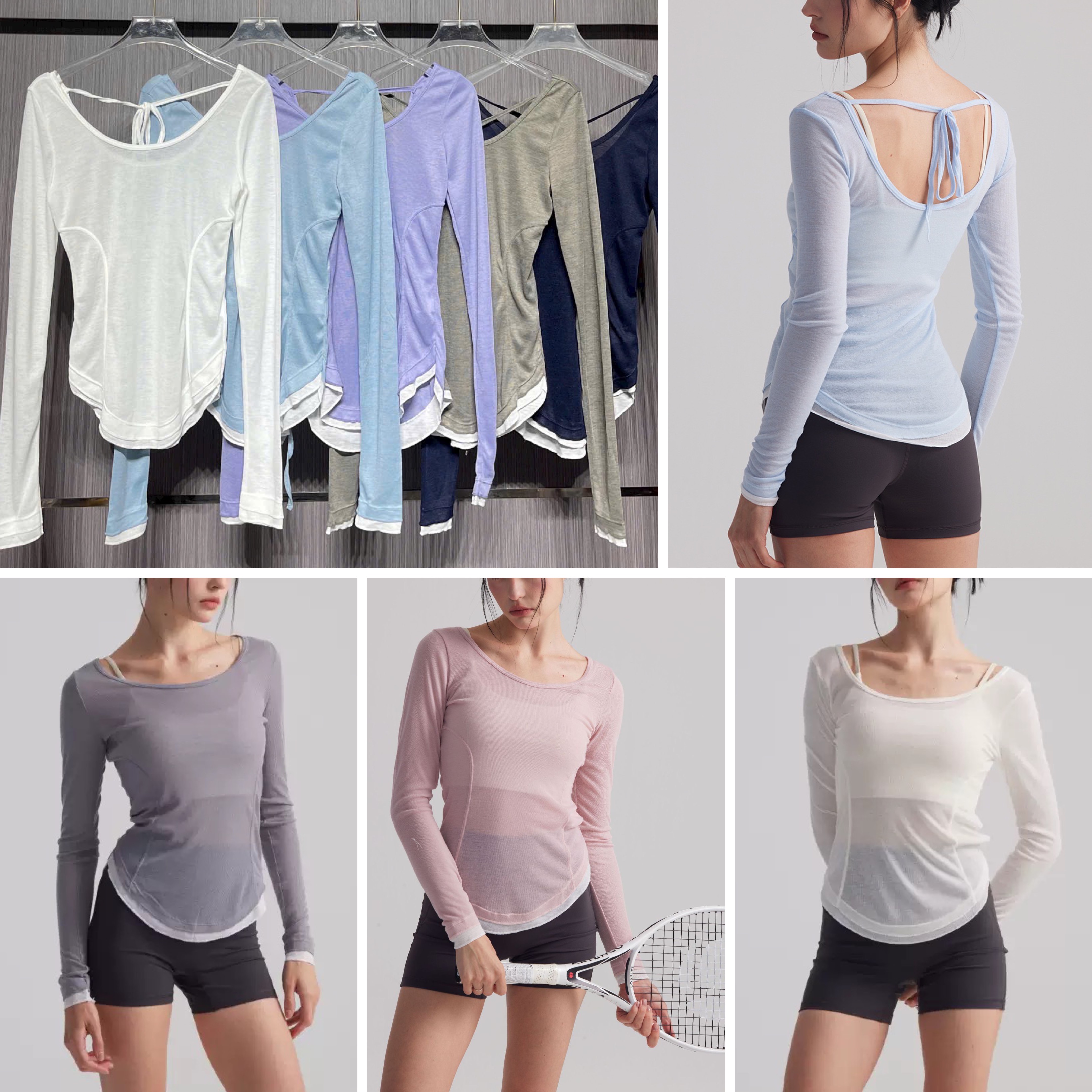 Áo Tanktop Thể Thao Nữ Tay Dài Lưng Dây Form Ôm Vải Lưới Giấy Thoáng Khí Nhanh Khô