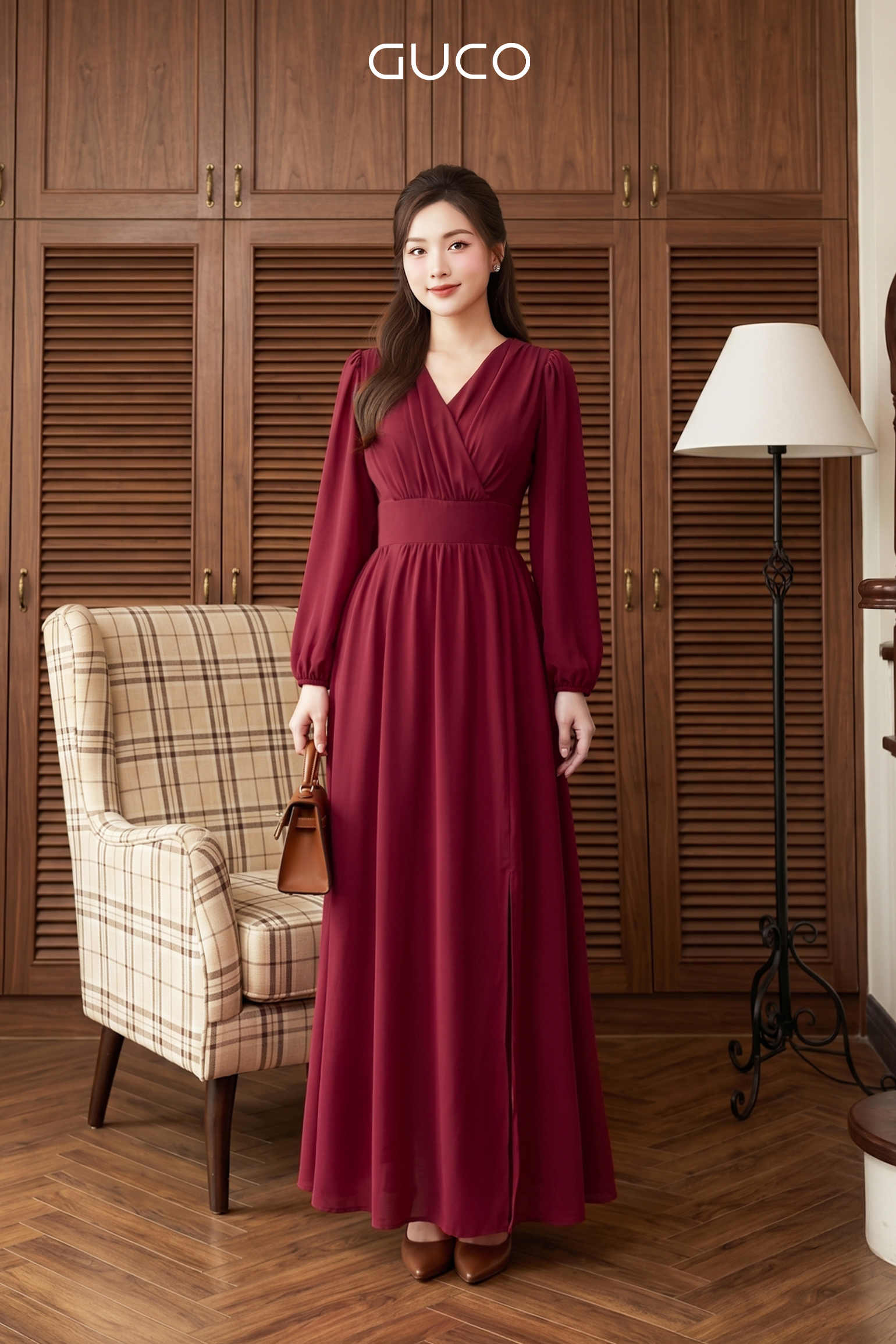 Đầm Maxi Đỏ Ruby Cổ V Chéo Tay Dài - 5194