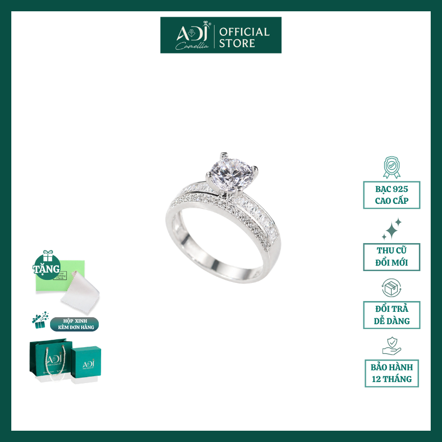 Nhẫn Bạc Nữ ADJ Nạm Đá CZ Tấm Nửa Đai Siêu Sáng - Nhẫn Nữ Cao Cấp Thiết Kế Tinh Xảo Tỏa Sáng Tinh Tế SN13409AD