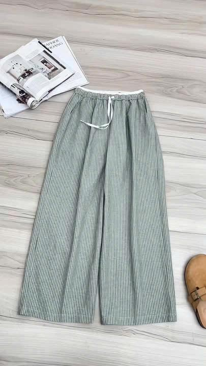 Quần suông linen sọc lưng chun dây rút phối viền trắng