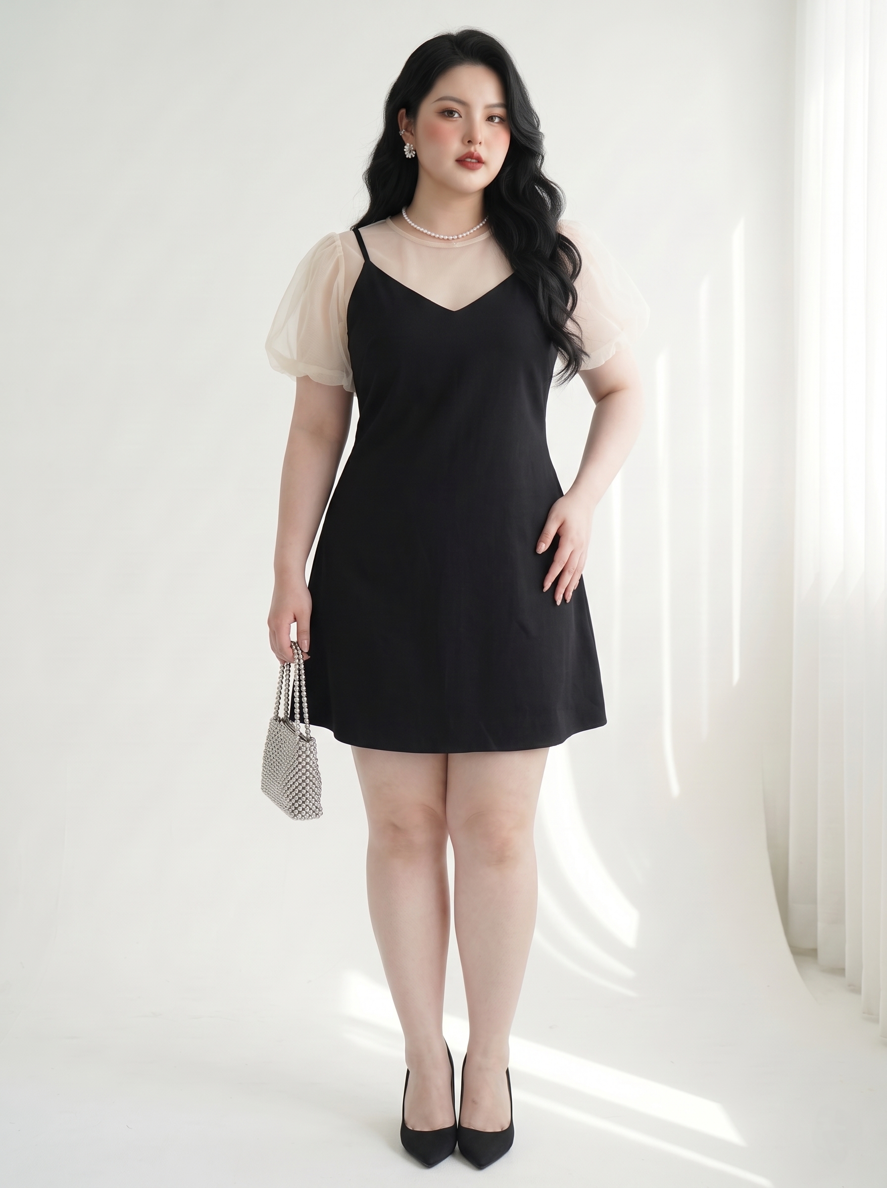 Set Đầm Dáng A Kèm Áo Lưới Bigsize Che Bắp Tay Gọn Bụng Nhẹ - Đen - Vừa 55-95kg - V-DA204_thumbnail_1