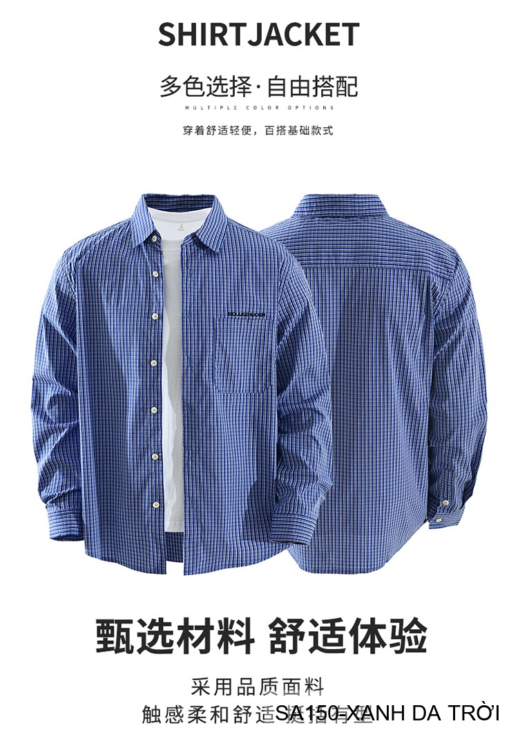 SA150 - Áo sơ mi nam kẻ caro phong cách Nhật Bản, tay dài, form rộng thoải mái màu xanh da trời_thumbnail_8